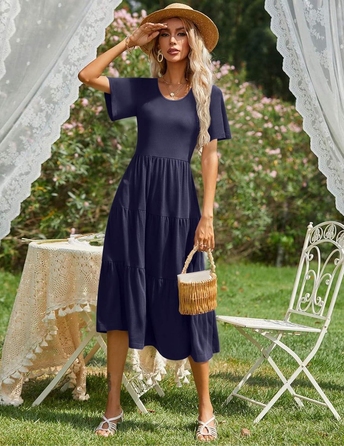 imageZeagoo Womens Summer Dress Midi Floral Flutter Short Sleeve Casual Dresses with Pockets Tiered Flowy Boho Beach DressNavy Blue