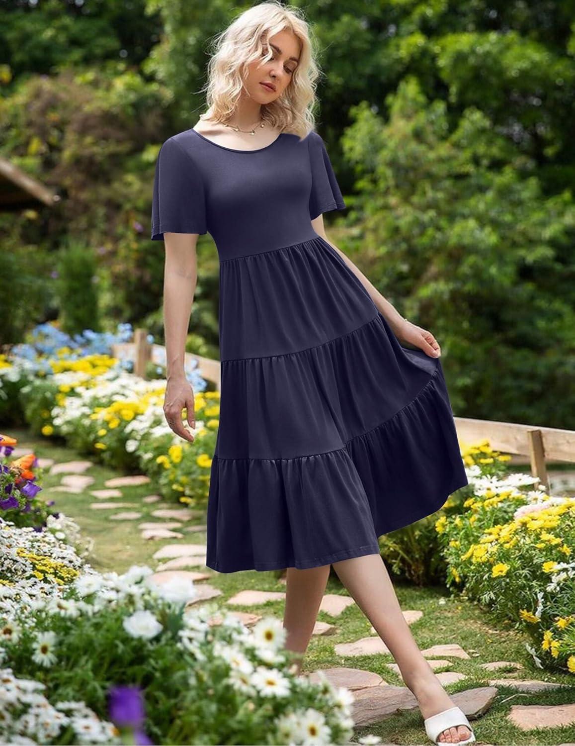 imageZeagoo Womens Summer Dress Midi Floral Flutter Short Sleeve Casual Dresses with Pockets Tiered Flowy Boho Beach DressNavy Blue