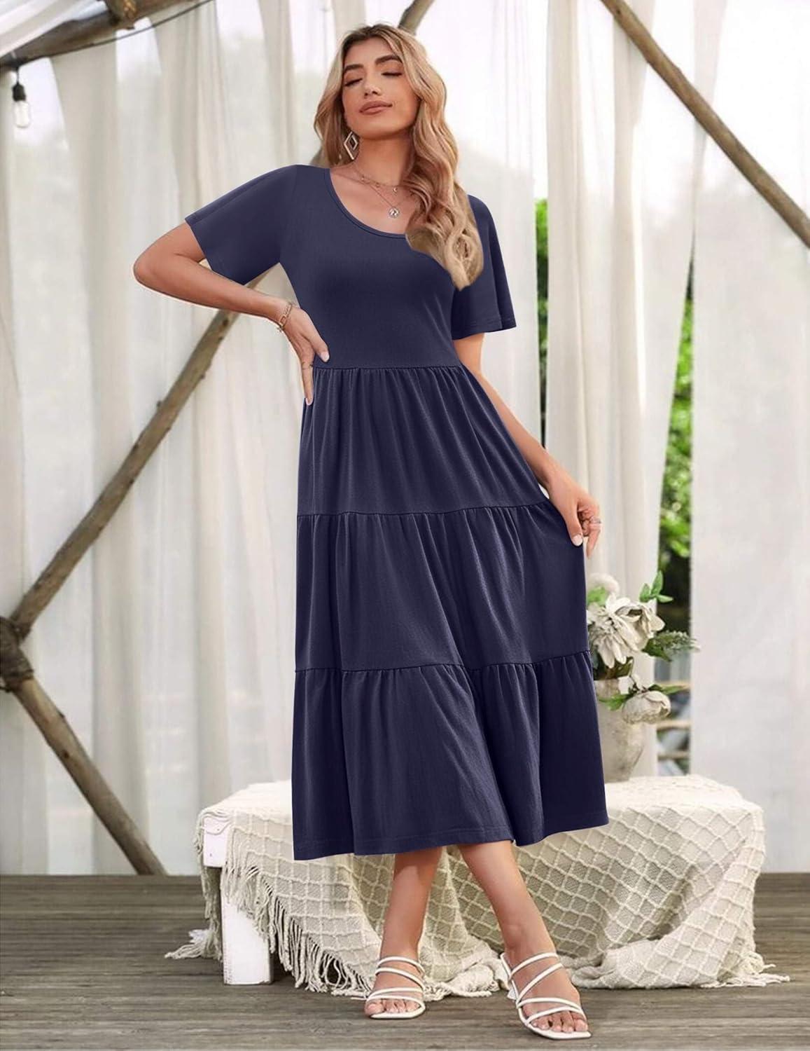 imageZeagoo Womens Summer Dress Midi Floral Flutter Short Sleeve Casual Dresses with Pockets Tiered Flowy Boho Beach DressNavy Blue