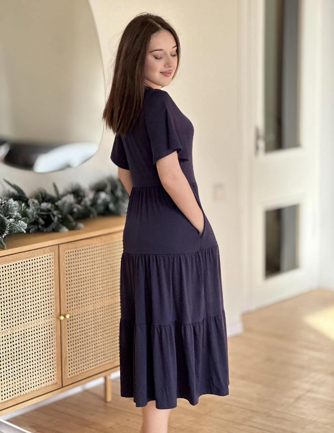 imageZeagoo Womens Summer Dress Midi Floral Flutter Short Sleeve Casual Dresses with Pockets Tiered Flowy Boho Beach DressNavy Blue