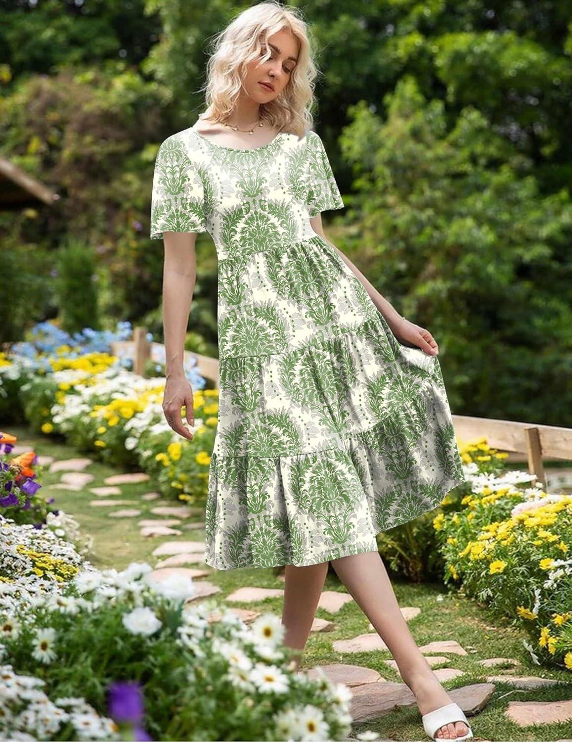 imageZeagoo Womens Summer Dress Midi Floral Flutter Short Sleeve Casual Dresses with Pockets Tiered Flowy Boho Beach DressPrinted Green