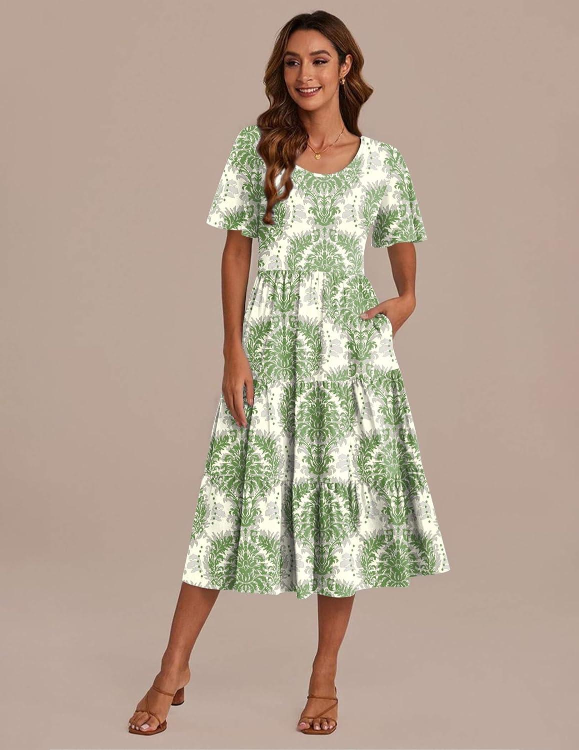 imageZeagoo Womens Summer Dress Midi Floral Flutter Short Sleeve Casual Dresses with Pockets Tiered Flowy Boho Beach DressPrinted Green
