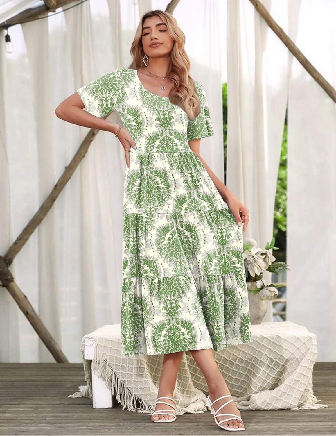 imageZeagoo Womens Summer Dress Midi Floral Flutter Short Sleeve Casual Dresses with Pockets Tiered Flowy Boho Beach DressPrinted Green