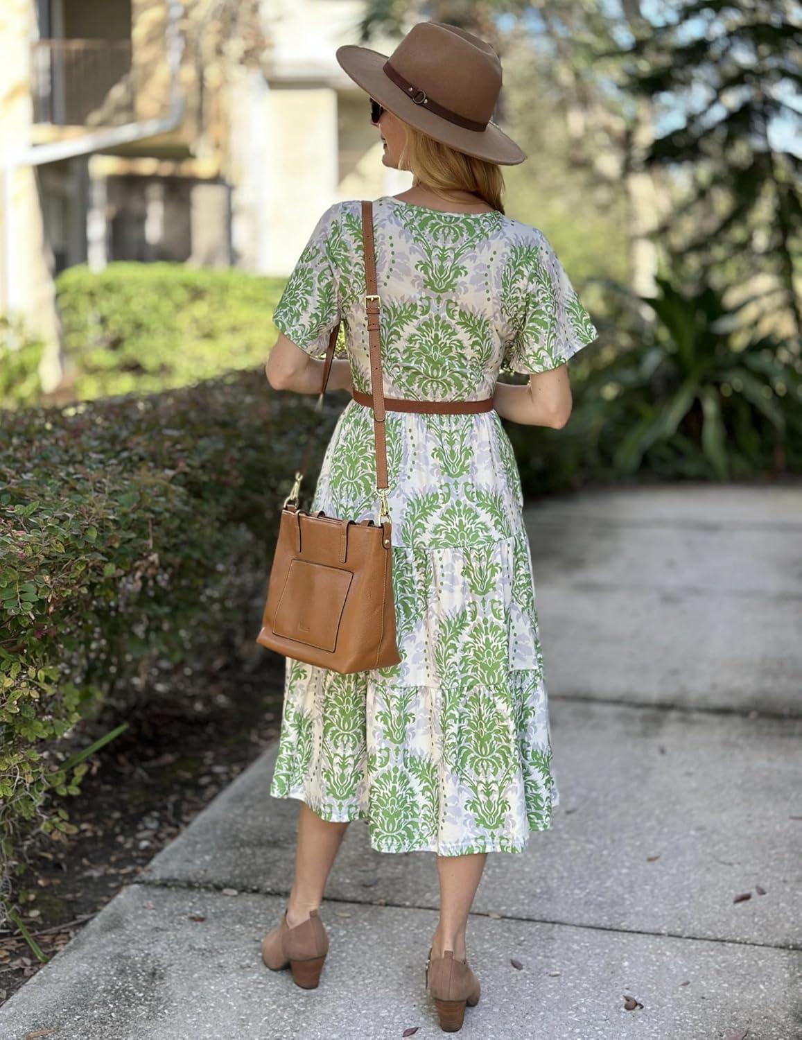 imageZeagoo Womens Summer Dress Midi Floral Flutter Short Sleeve Casual Dresses with Pockets Tiered Flowy Boho Beach DressPrinted Green