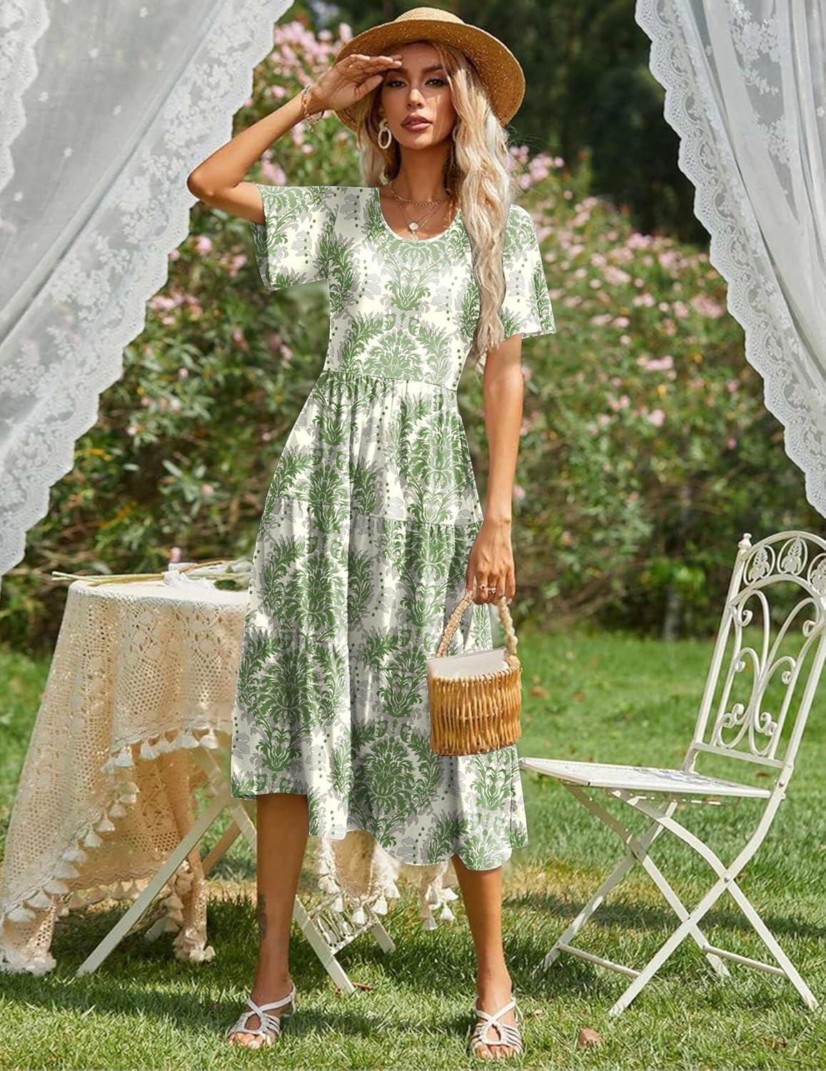imageZeagoo Womens Summer Dress Midi Floral Flutter Short Sleeve Casual Dresses with Pockets Tiered Flowy Boho Beach DressPrinted Green