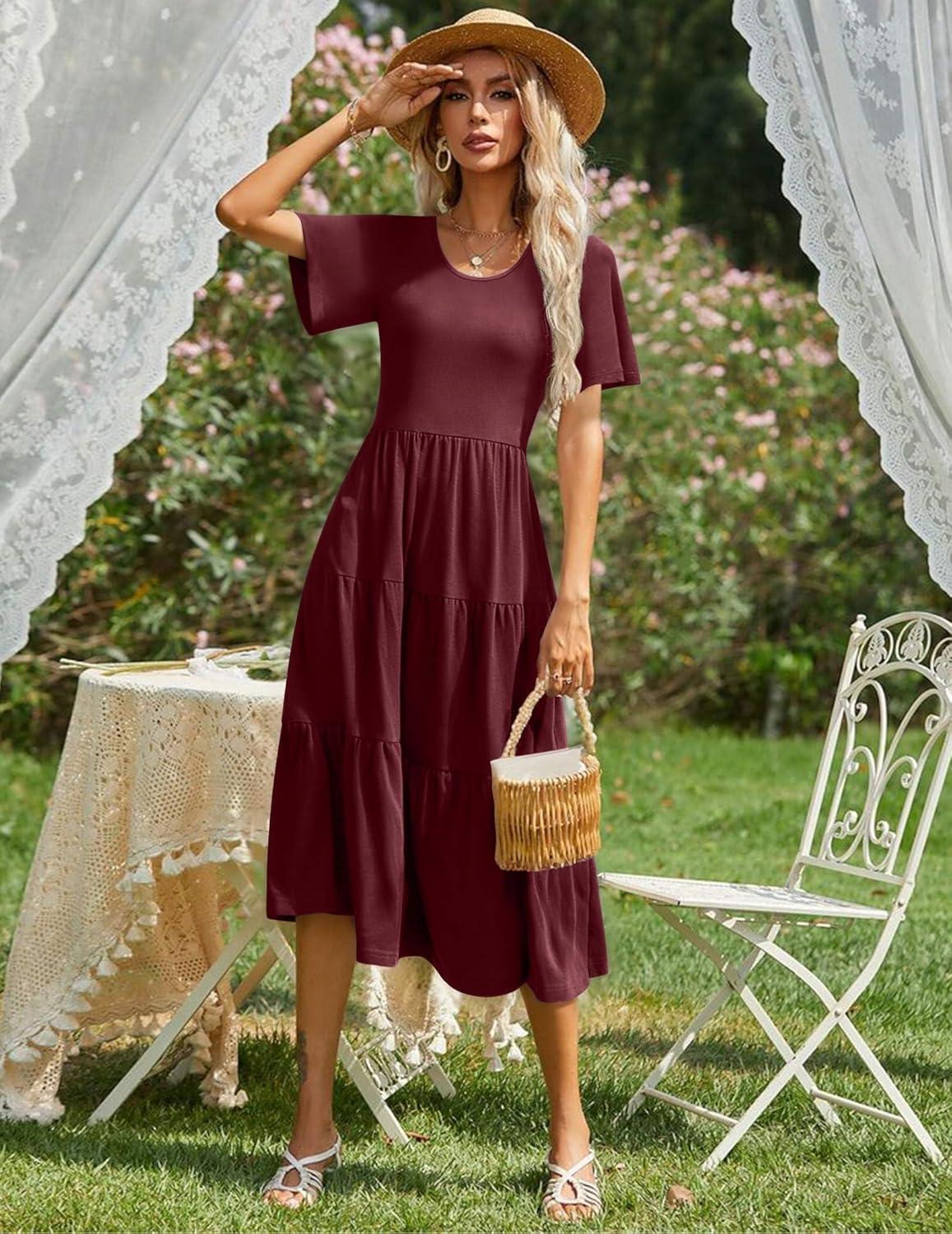 imageZeagoo Womens Summer Dress Midi Floral Flutter Short Sleeve Casual Dresses with Pockets Tiered Flowy Boho Beach DressWine Red