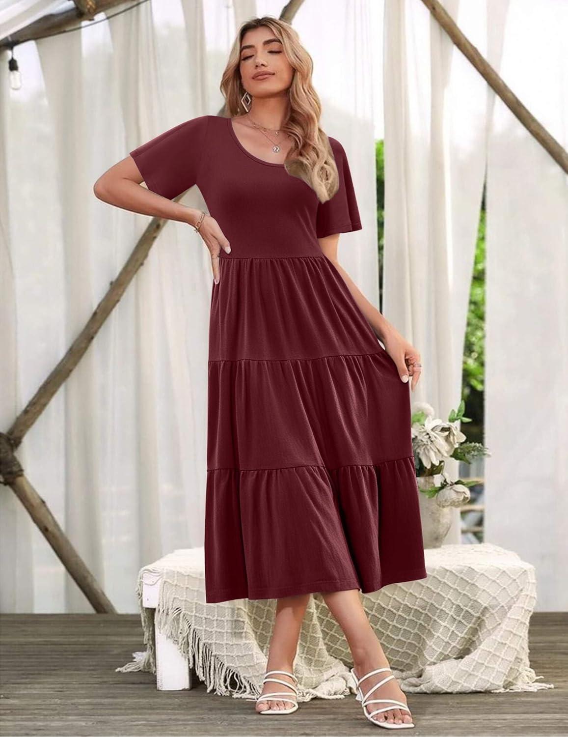 imageZeagoo Womens Summer Dress Midi Floral Flutter Short Sleeve Casual Dresses with Pockets Tiered Flowy Boho Beach DressWine Red