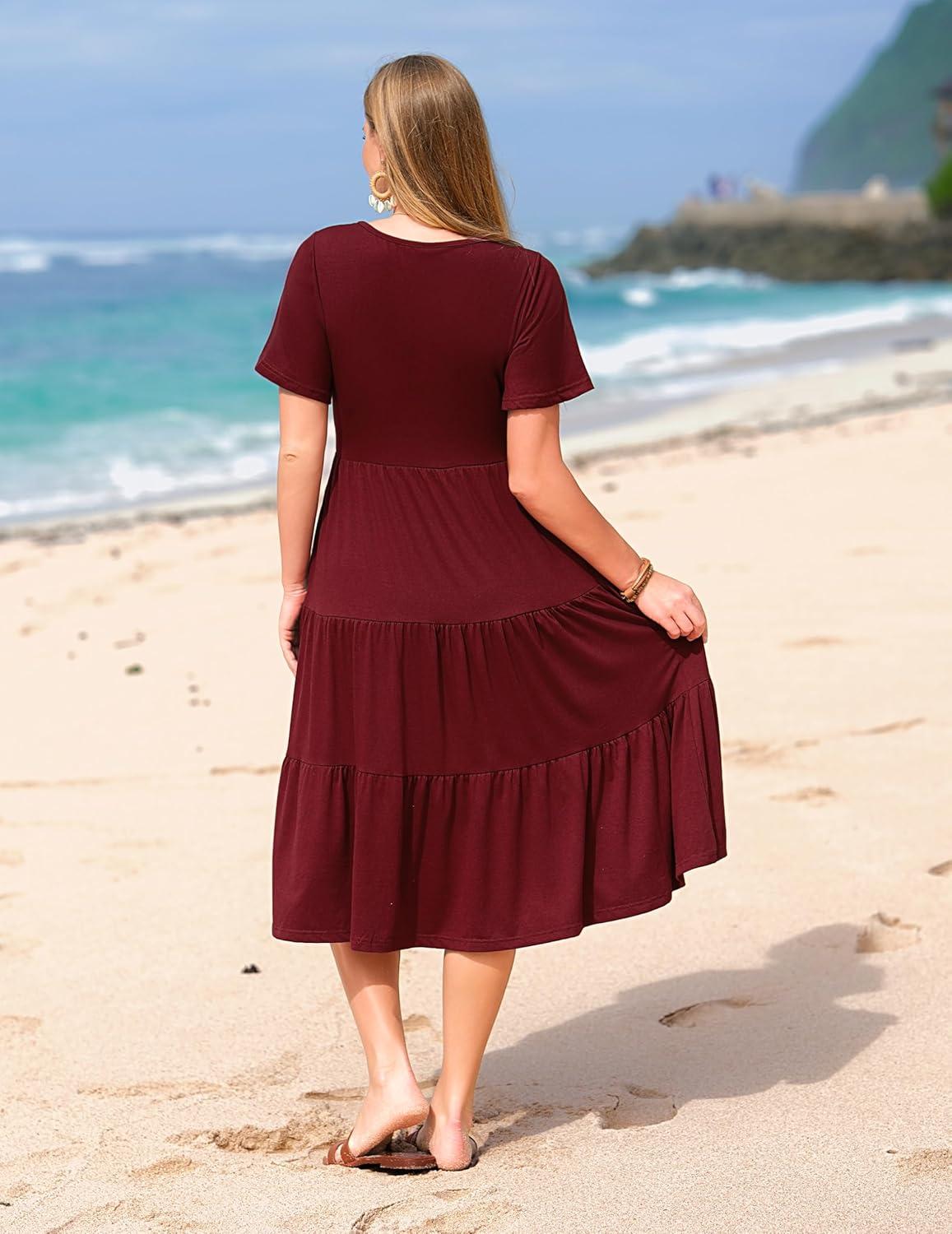 imageZeagoo Womens Summer Dress Midi Floral Flutter Short Sleeve Casual Dresses with Pockets Tiered Flowy Boho Beach DressWine Red