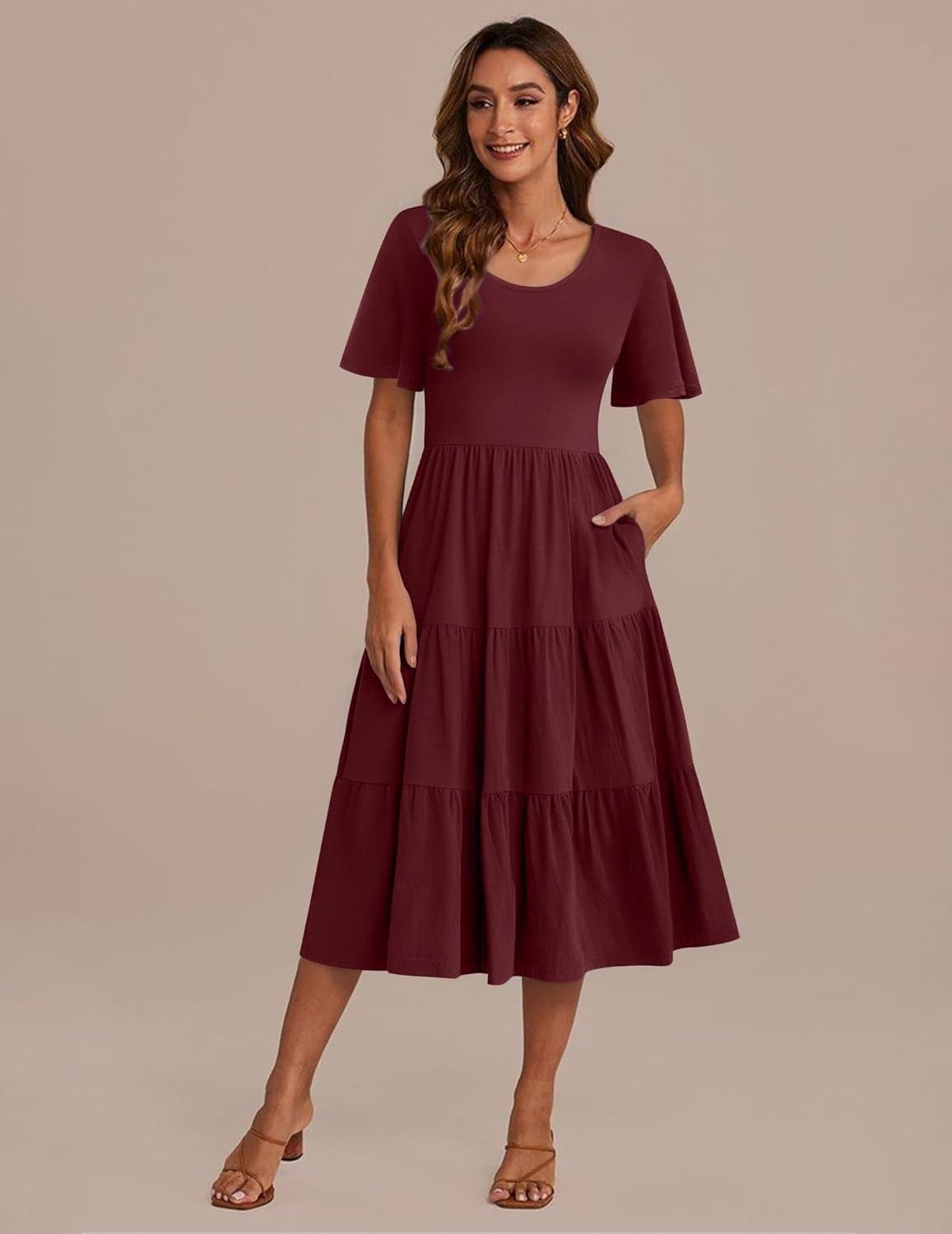 imageZeagoo Womens Summer Dress Midi Floral Flutter Short Sleeve Casual Dresses with Pockets Tiered Flowy Boho Beach DressWine Red