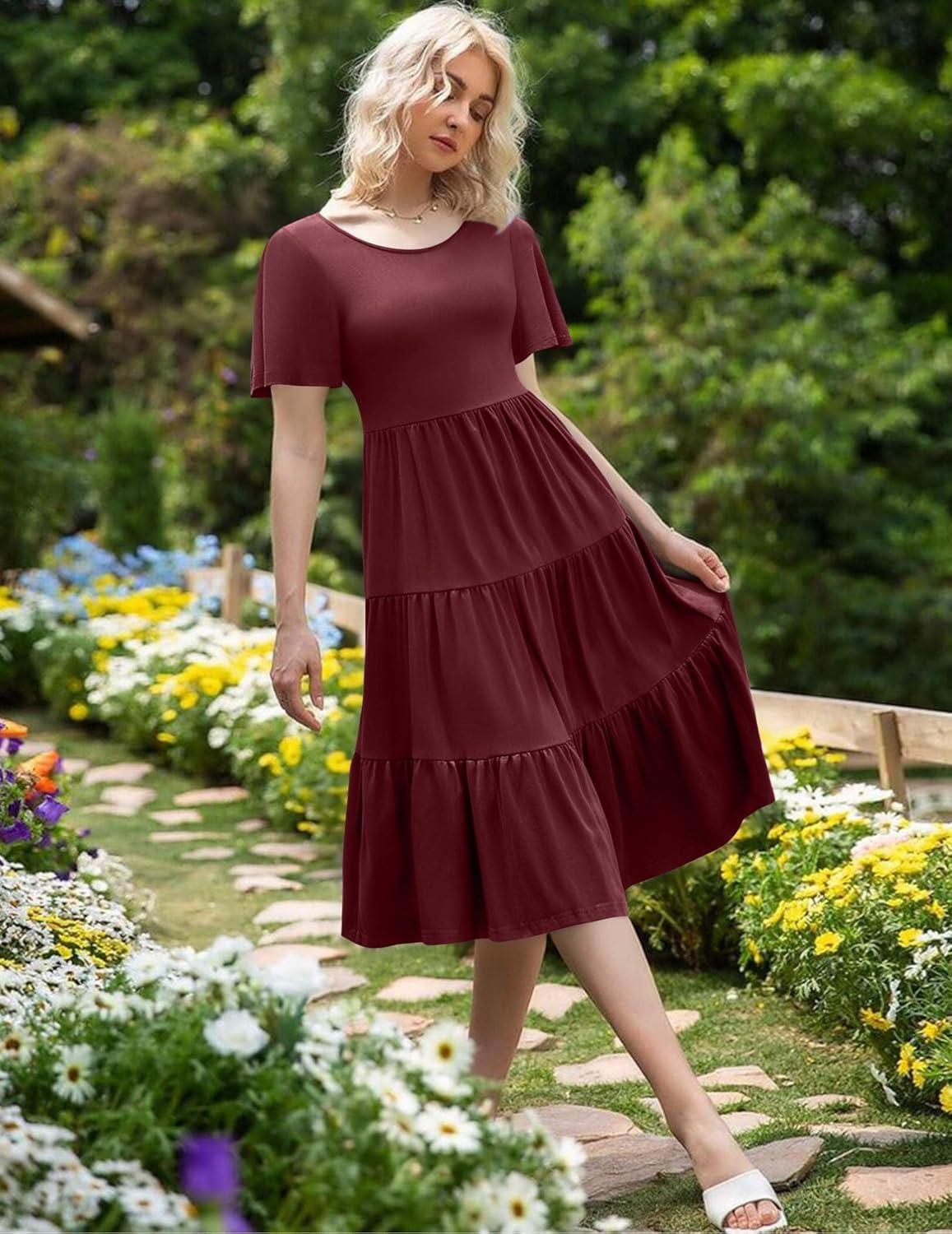 imageZeagoo Womens Summer Dress Midi Floral Flutter Short Sleeve Casual Dresses with Pockets Tiered Flowy Boho Beach DressWine Red