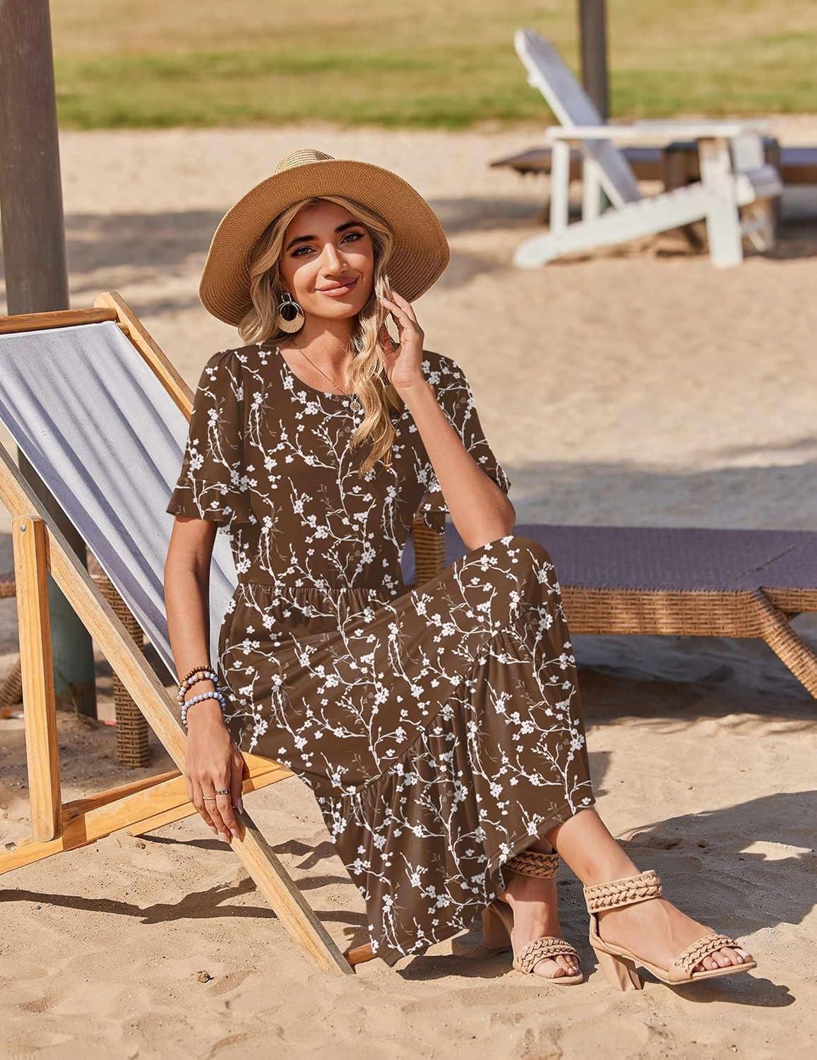 imageZeagoo Womens Summer Dresses 2026 Casual Midi Dress Flowy Sundress Ruffle Short Sleeve Tiered Dresses A Line Boho DressBrown Floral