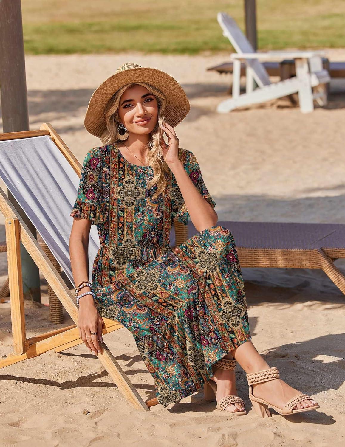 imageZeagoo Womens Summer Dresses 2026 Casual Midi Dress Flowy Sundress Ruffle Short Sleeve Tiered Dresses A Line Boho DressHot Chic Printed