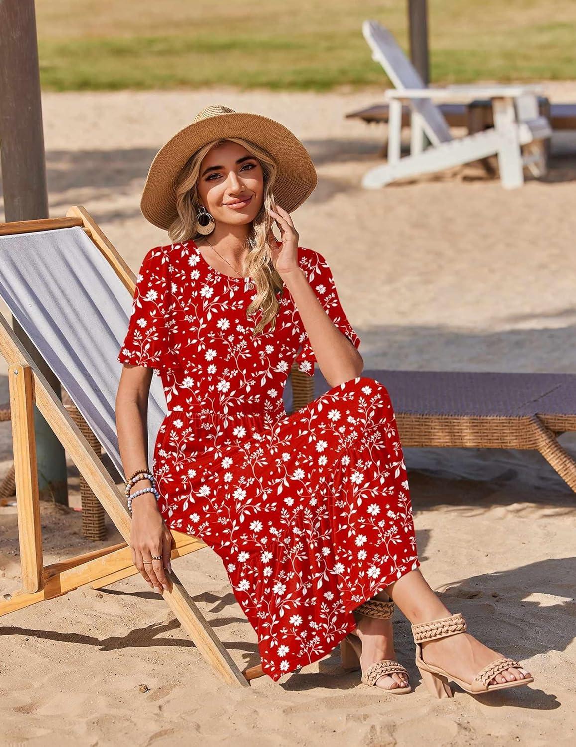 imageZeagoo Womens Summer Dresses 2026 Casual Midi Dress Flowy Sundress Ruffle Short Sleeve Tiered Dresses A Line Boho DressRed Floral