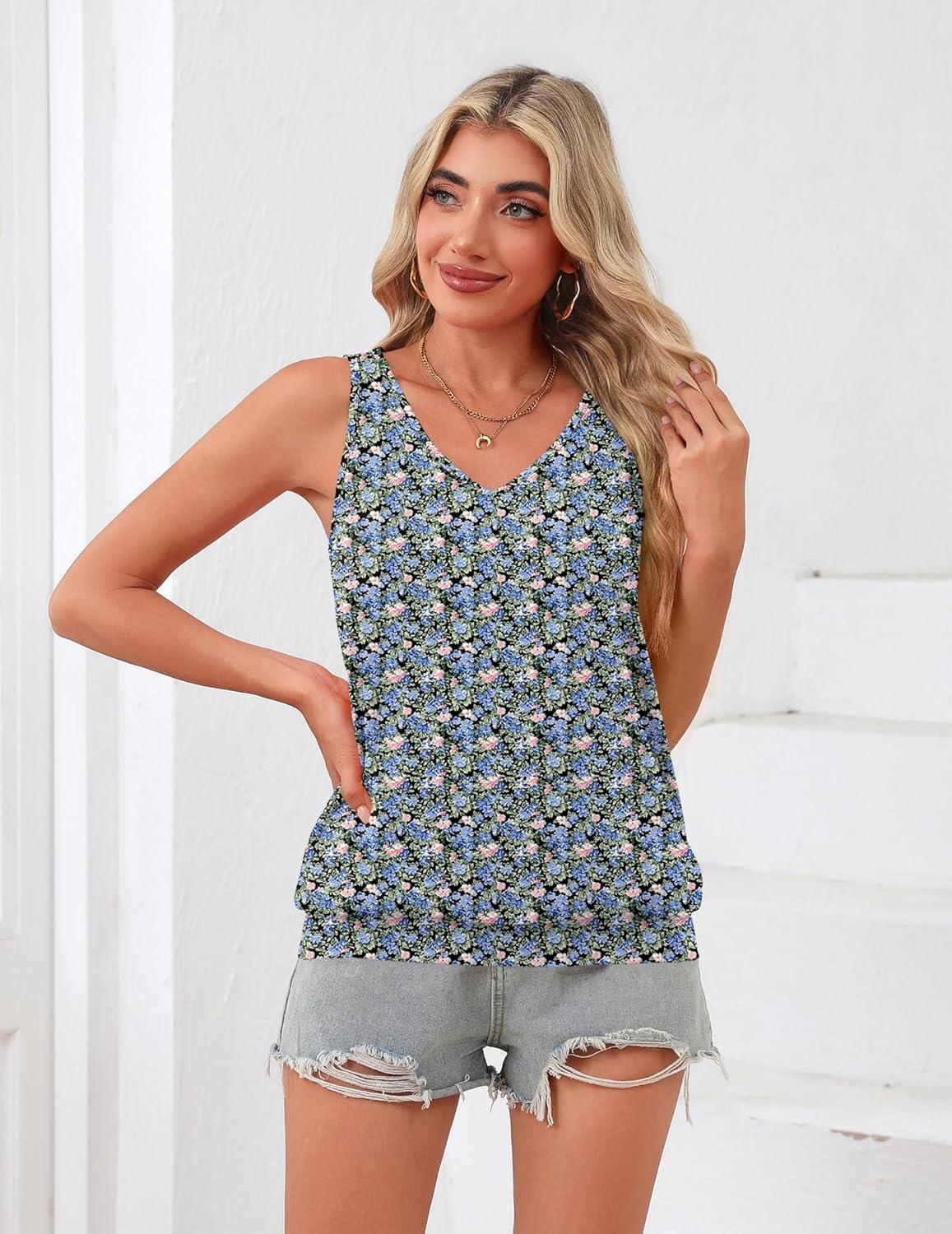 imageZeagoo Womens Summer Tank Tops V Neck Sleeveless Tops Casual Loose Fit Solid Floral Tanks Cute Basic Banded Cami Shirts