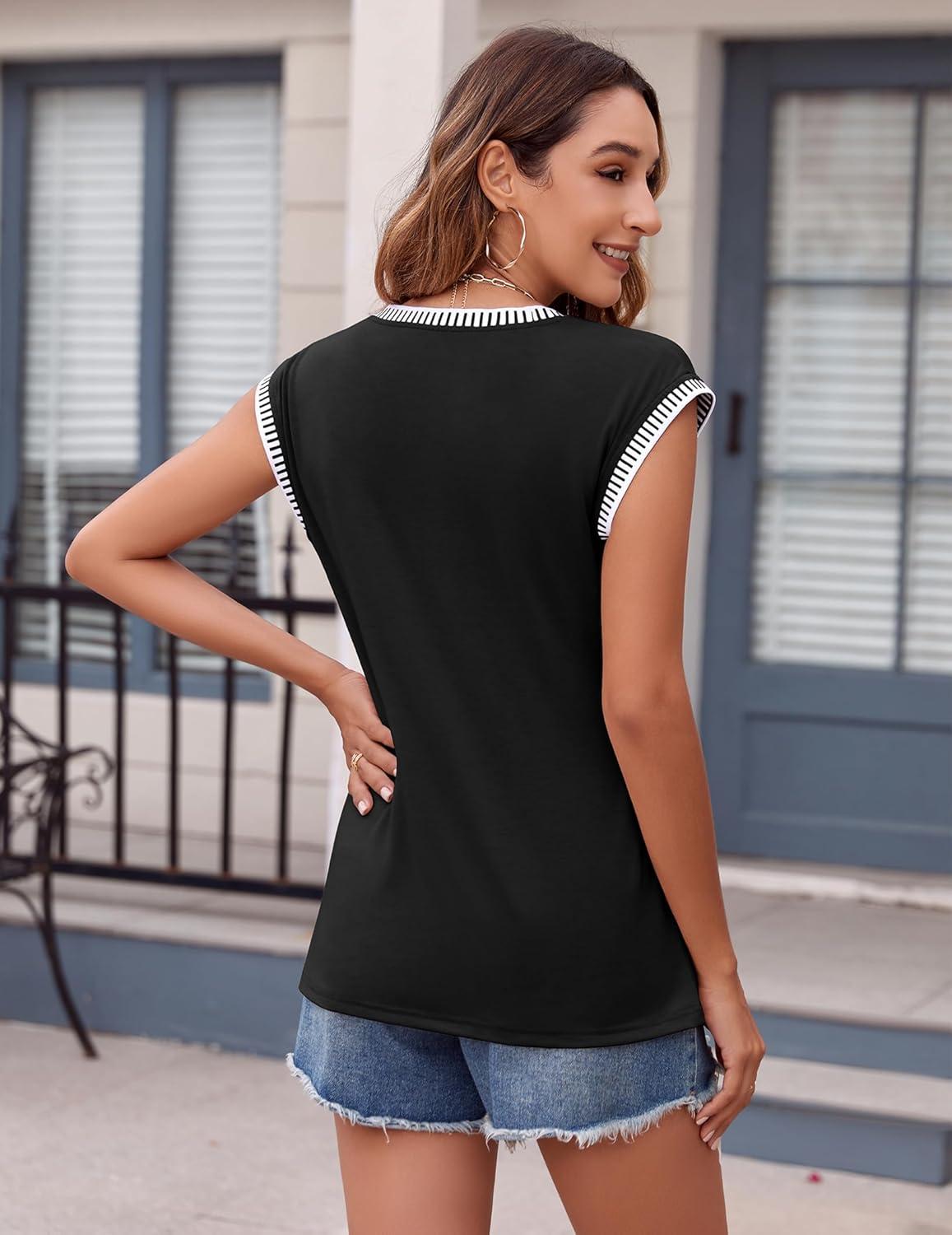 imageZeagoo Womens Summer Tops Cap Sleeve Casual Shirts 2025 V Neck Basic Tshirts Loose Fit Trendy TeeBlack