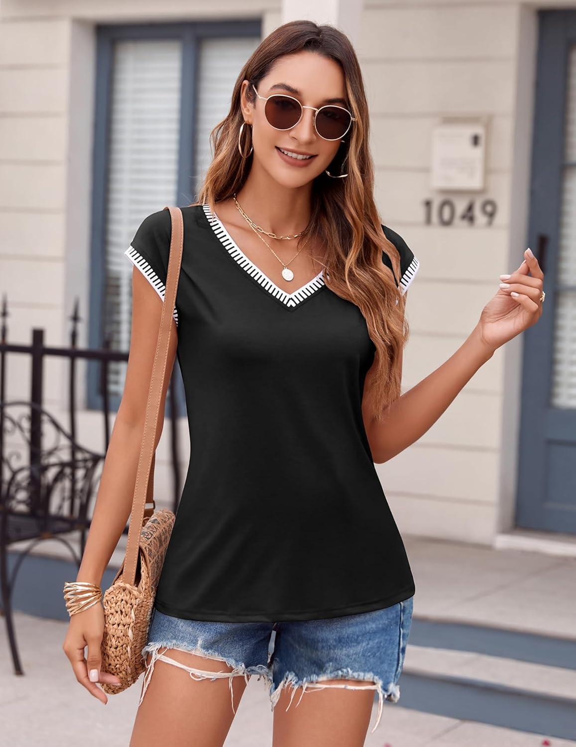 imageZeagoo Womens Summer Tops Cap Sleeve Casual Shirts 2025 V Neck Basic Tshirts Loose Fit Trendy TeeBlack