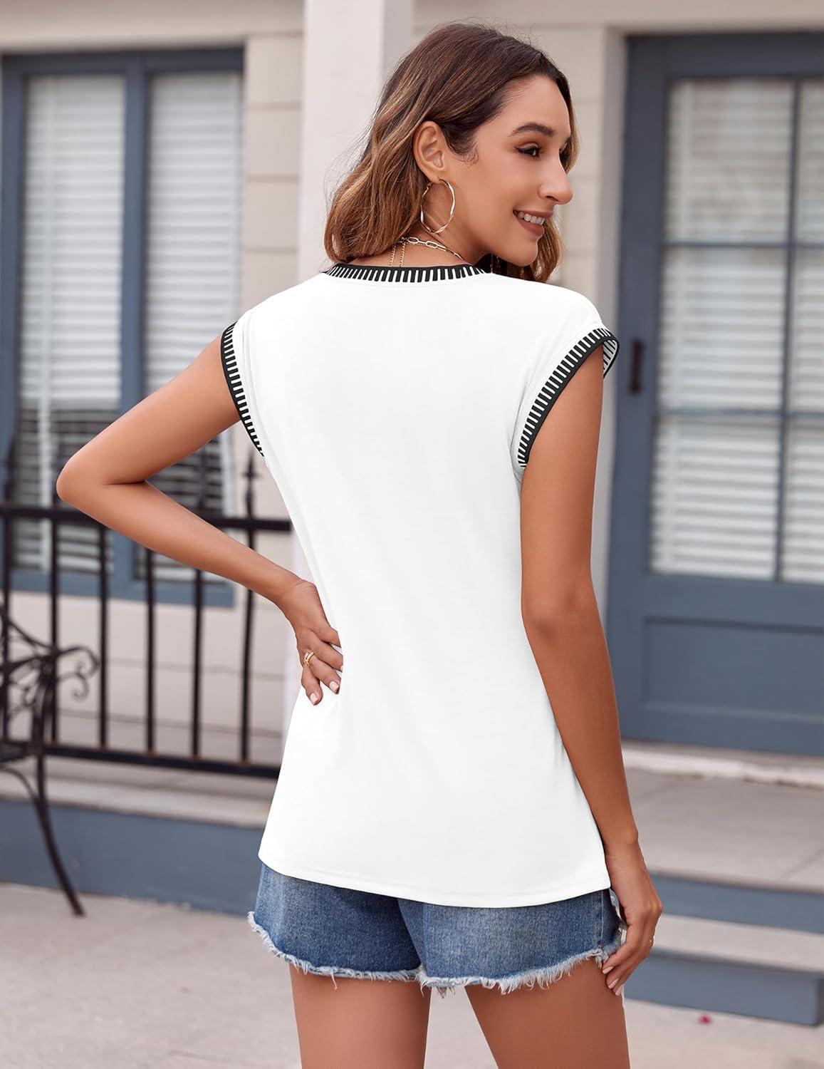 imageZeagoo Womens Summer Tops Cap Sleeve Casual Shirts 2025 V Neck Basic Tshirts Loose Fit Trendy TeeWhite