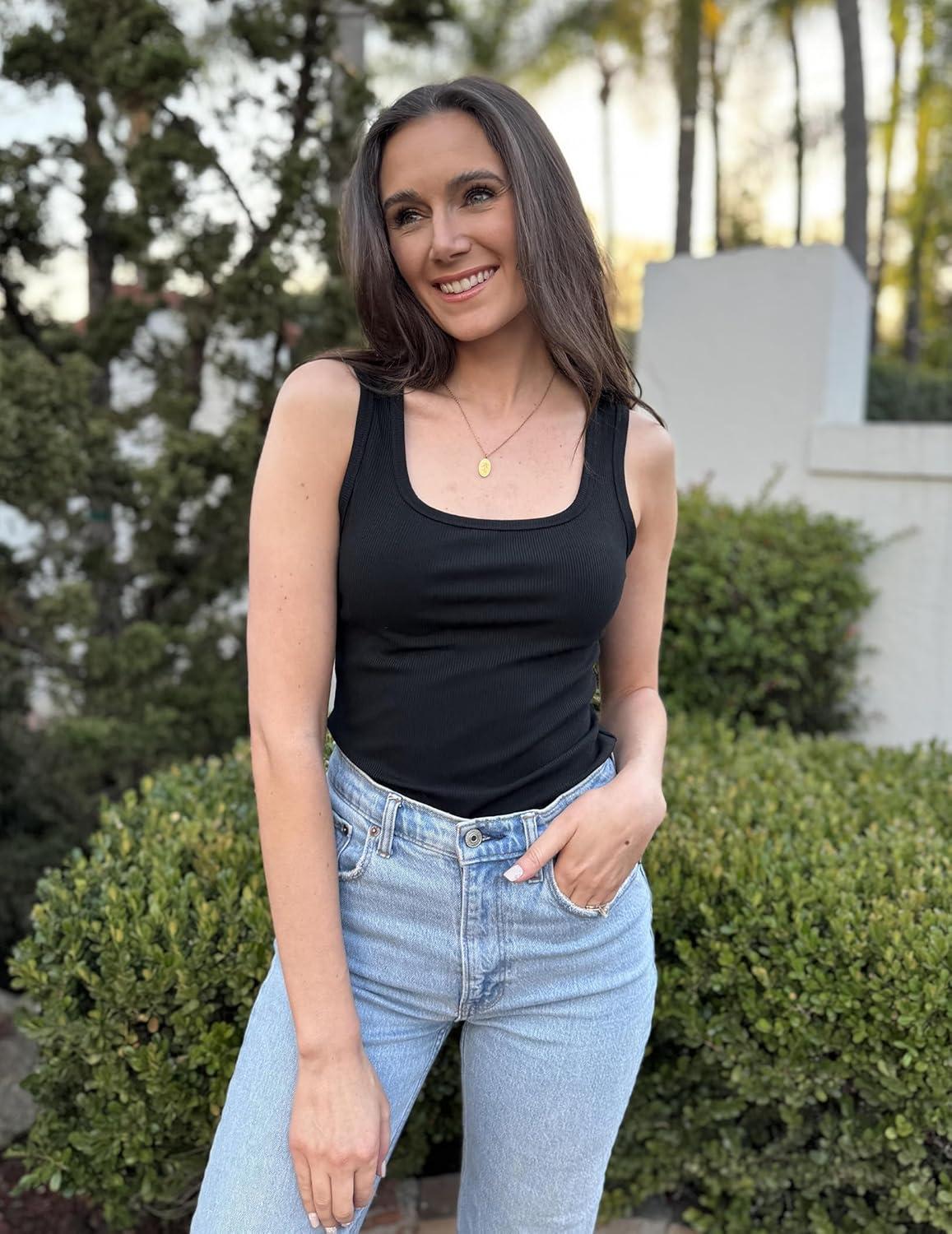 imageZeagoo Womens Summer Tops Square Neck Ribbed Tank Tops Slim Fitted Racerback Sleeveless Shirts Basic Casual 2 PackBblackbrown