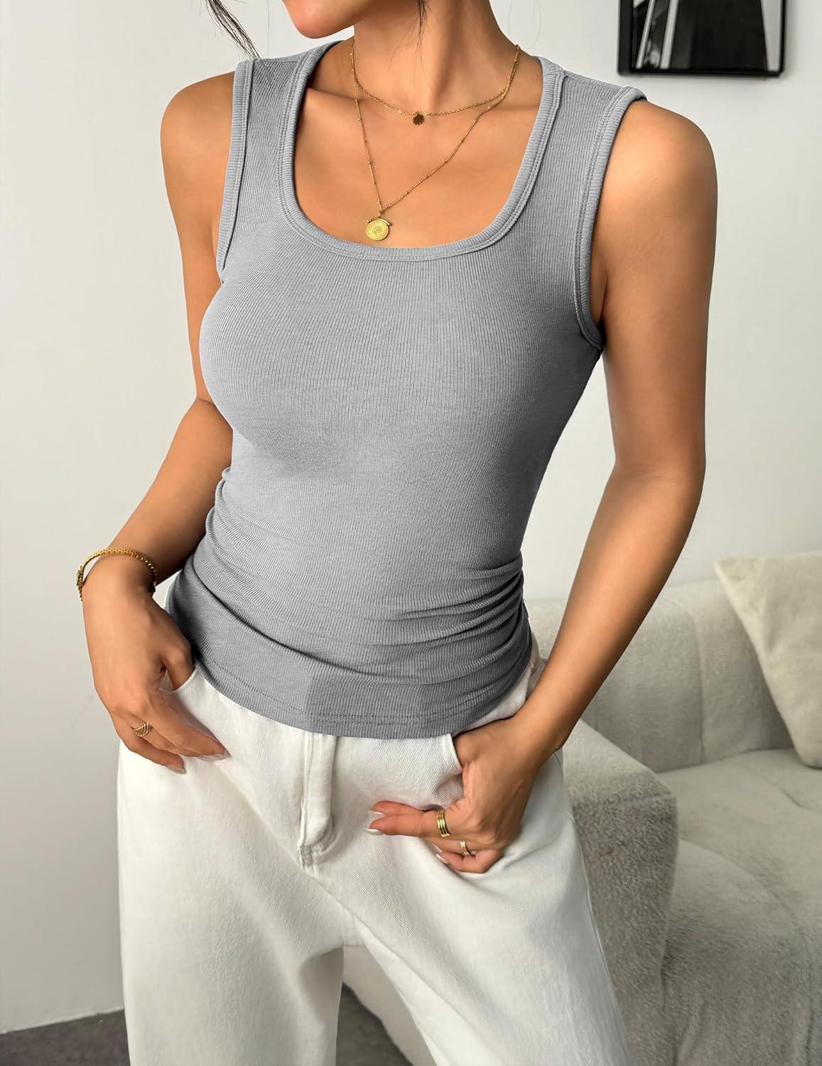 imageZeagoo Womens Summer Tops Square Neck Ribbed Tank Tops Slim Fitted Racerback Sleeveless Shirts Basic Casual 2 PackBwhitegrey