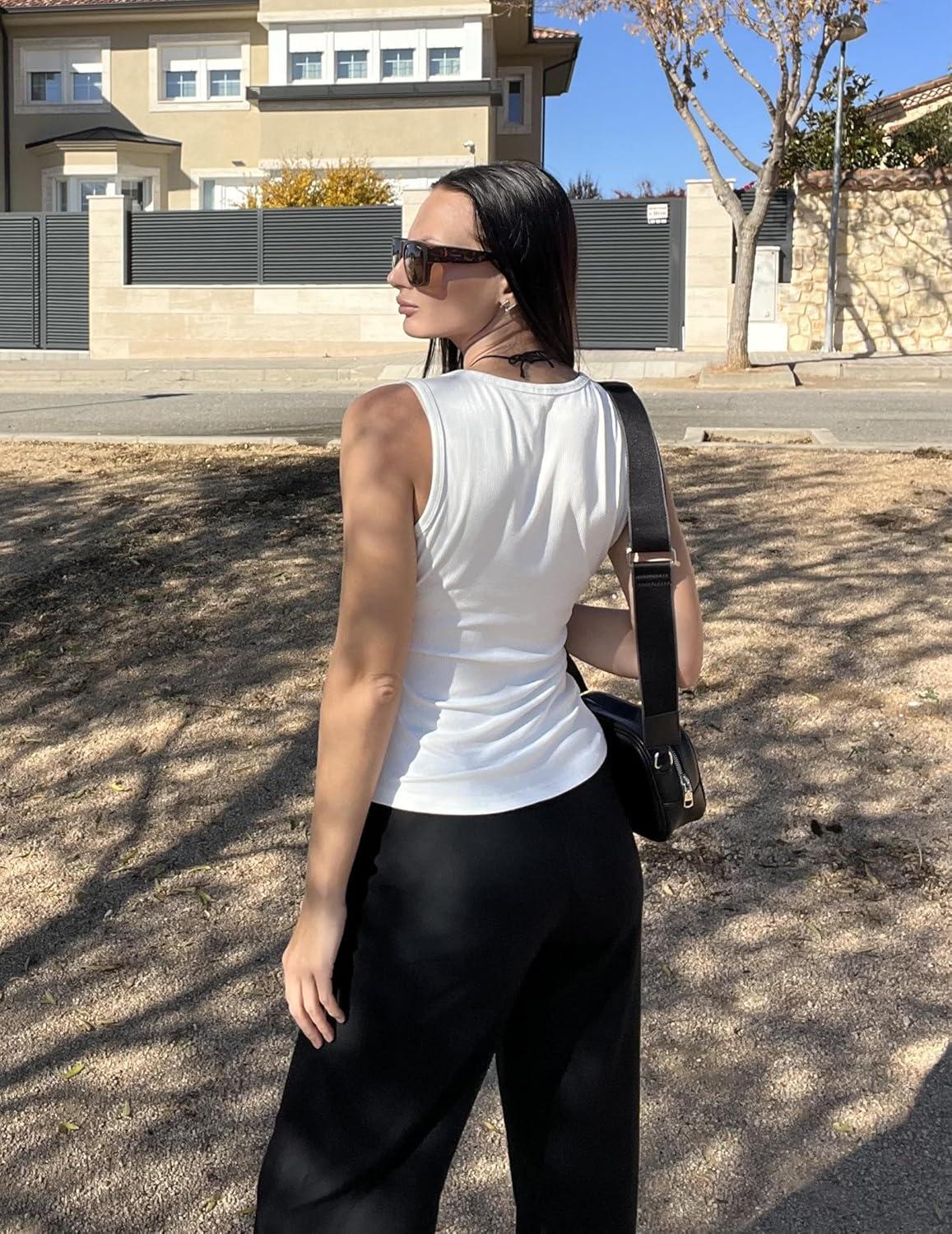 imageZeagoo Womens Summer Tops Square Neck Ribbed Tank Tops Slim Fitted Racerback Sleeveless Shirts Basic Casual 2 PackBwhitewhite