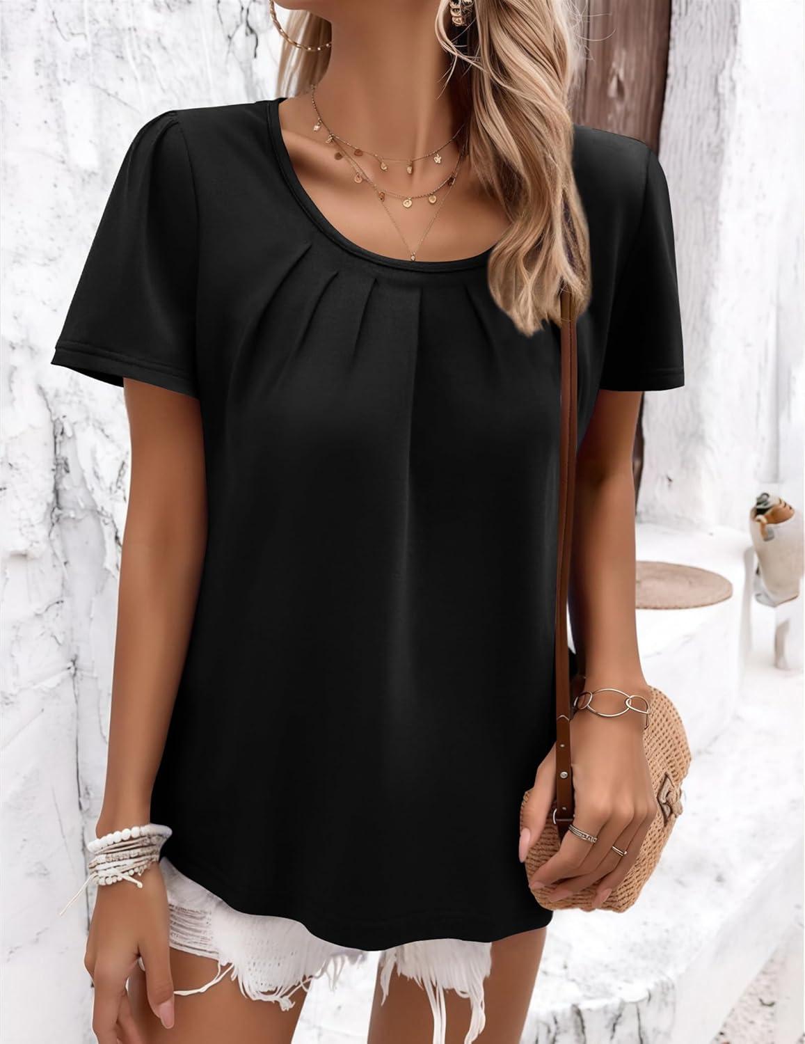 imageZeagoo Womens Summer Tunic Tops Short Sleeve Floral Boho Casual T Shirts Pleated Crewneck Flowy Relax Fit Soft BlousesBlack