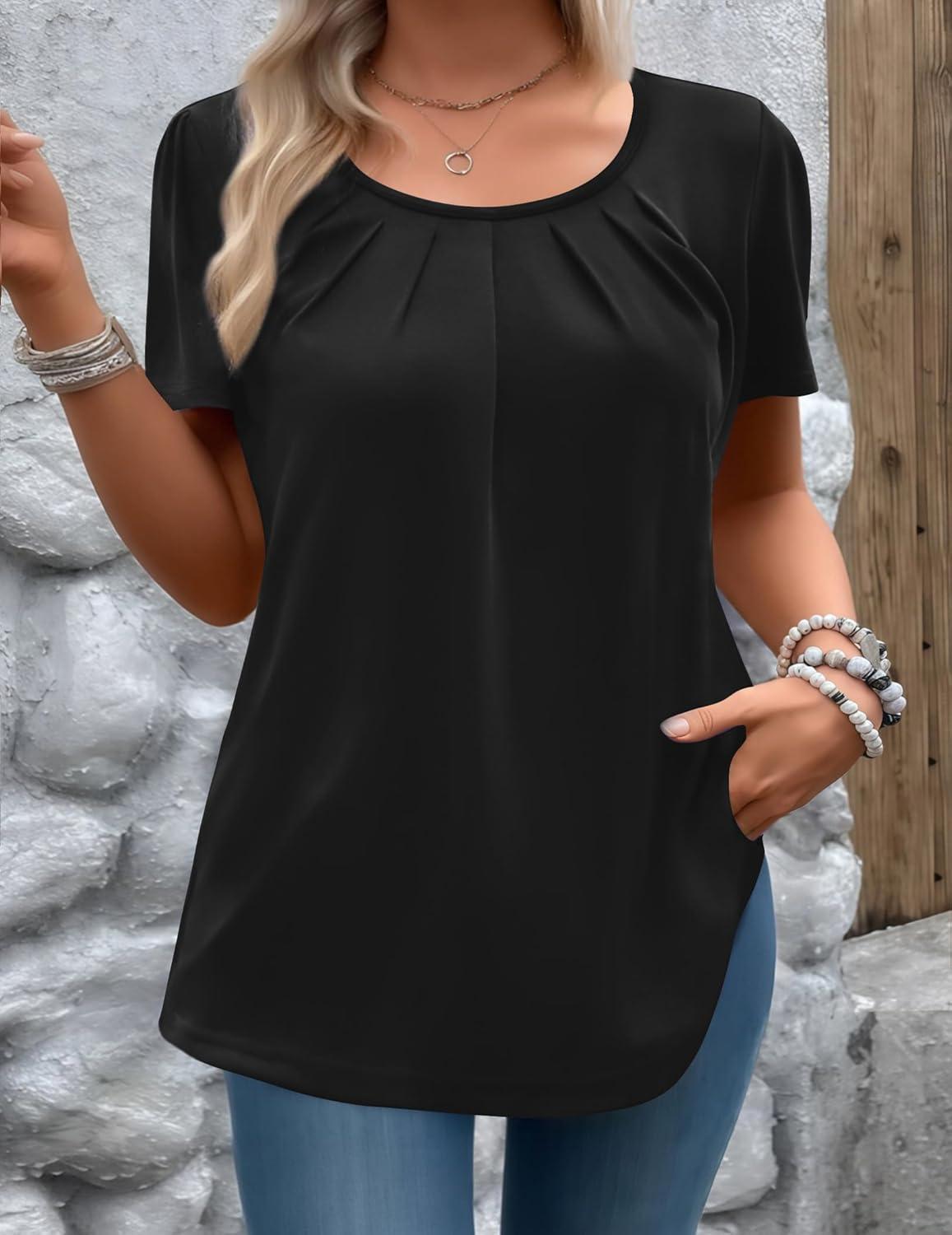 imageZeagoo Womens Summer Tunic Tops Short Sleeve Floral Boho Casual T Shirts Pleated Crewneck Flowy Relax Fit Soft BlousesBlack