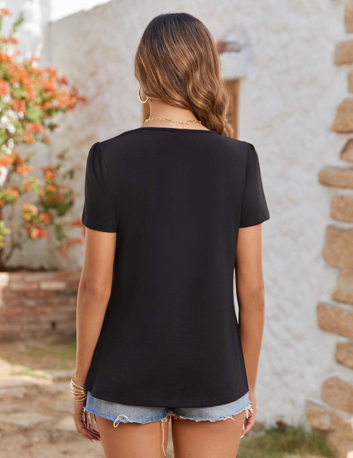 imageZeagoo Womens Summer Tunic Tops Short Sleeve Floral Boho Casual T Shirts Pleated Crewneck Flowy Relax Fit Soft BlousesBlack