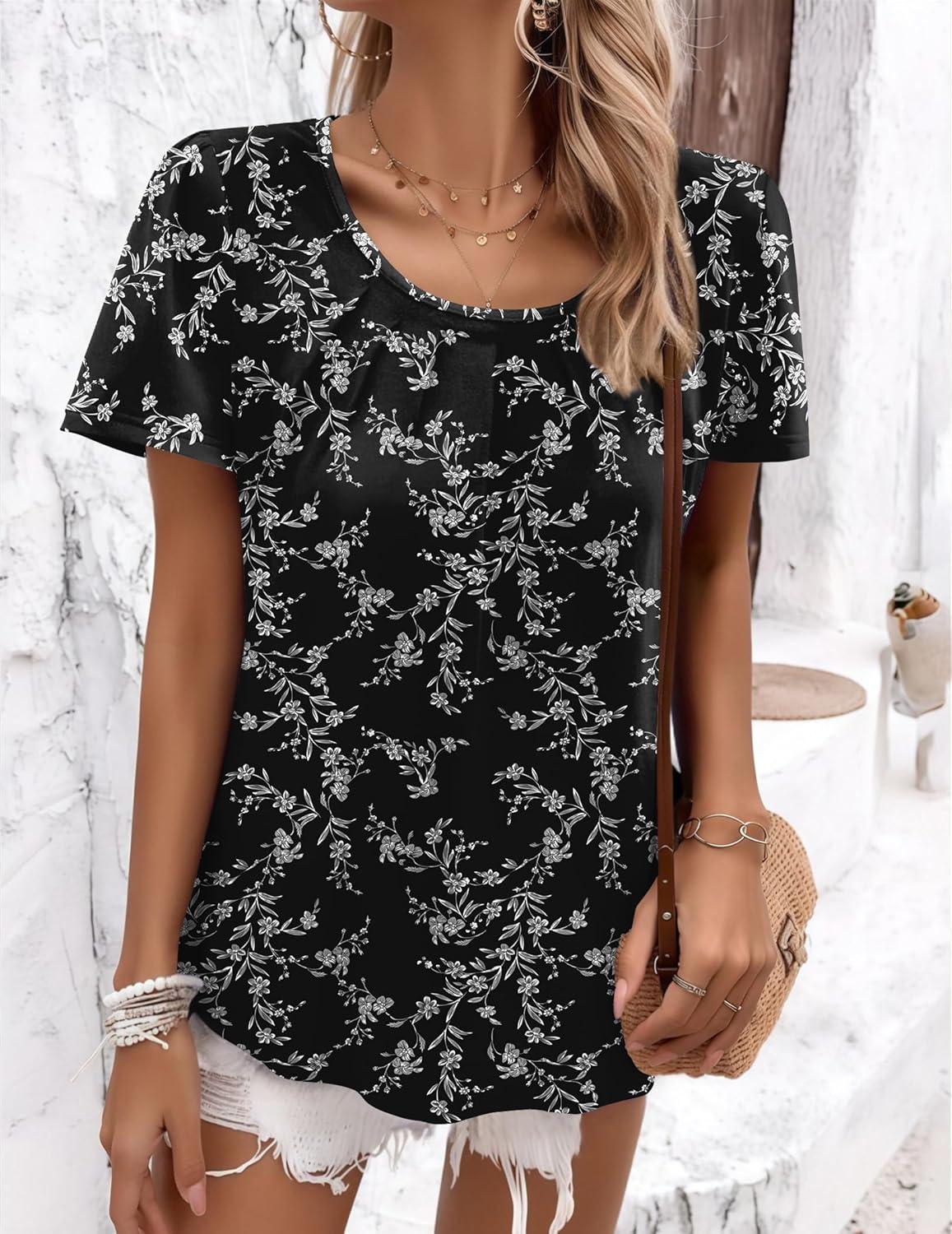 imageZeagoo Womens Summer Tunic Tops Short Sleeve Floral Boho Casual T Shirts Pleated Crewneck Flowy Relax Fit Soft BlousesBlack Floral