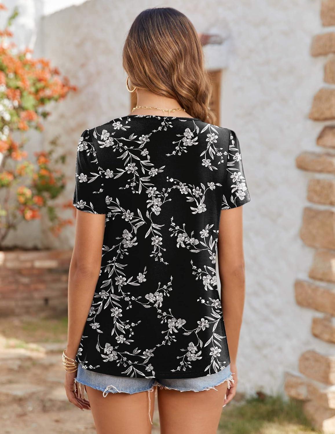 imageZeagoo Womens Summer Tunic Tops Short Sleeve Floral Boho Casual T Shirts Pleated Crewneck Flowy Relax Fit Soft BlousesBlack Floral