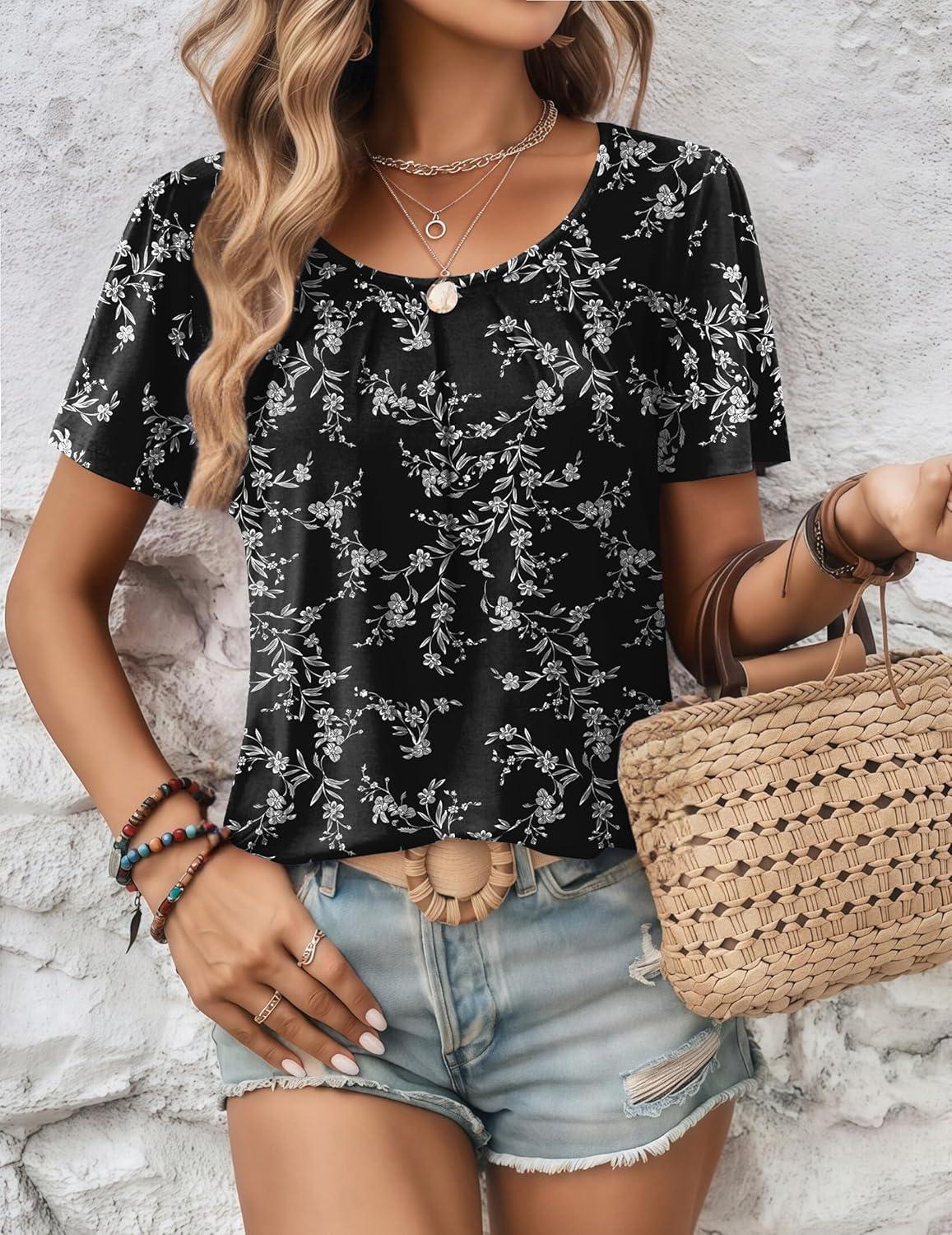 imageZeagoo Womens Summer Tunic Tops Short Sleeve Floral Boho Casual T Shirts Pleated Crewneck Flowy Relax Fit Soft BlousesBlack Floral
