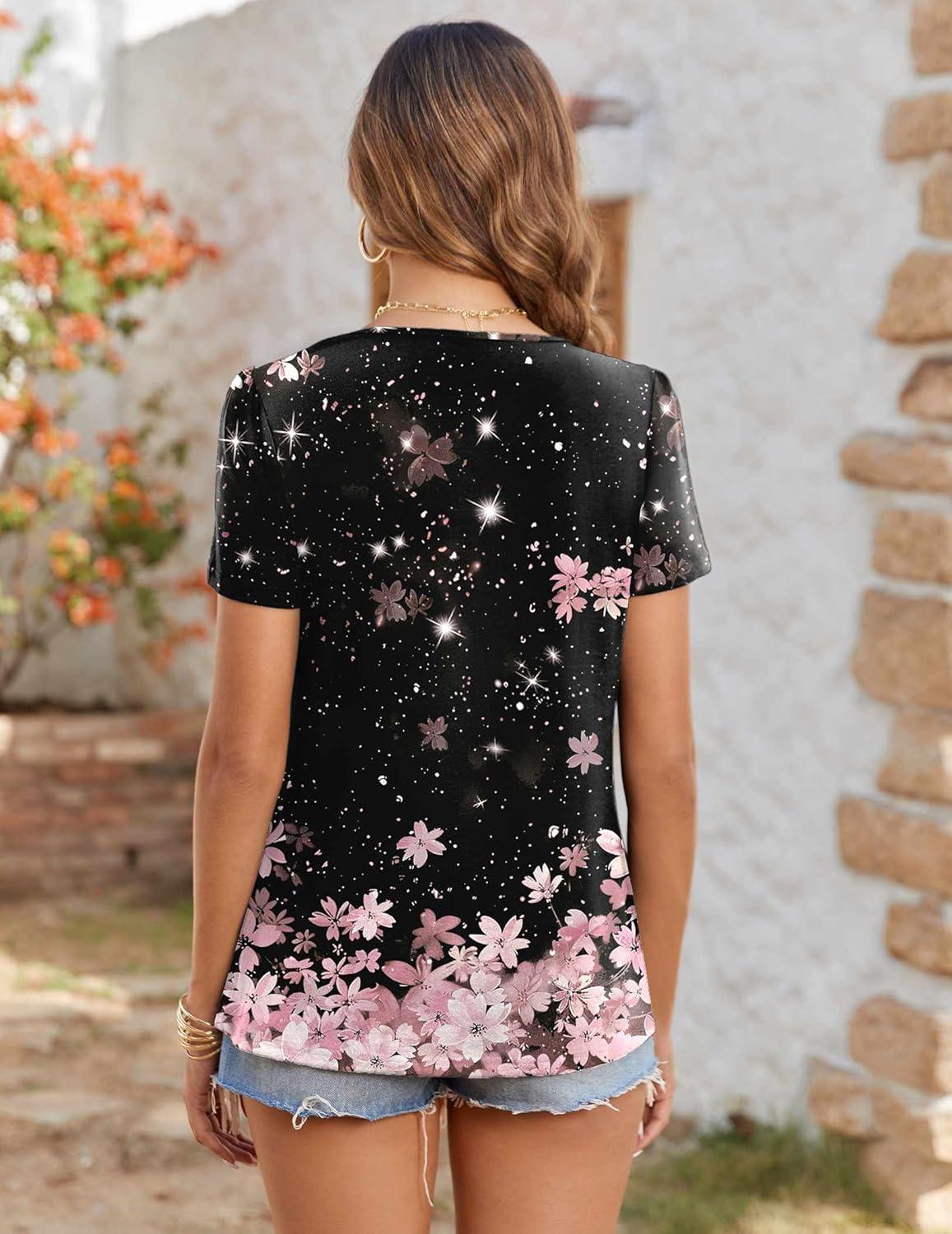 imageZeagoo Womens Summer Tunic Tops Short Sleeve Floral Boho Casual T Shirts Pleated Crewneck Flowy Relax Fit Soft BlousesBlack Pink Floral