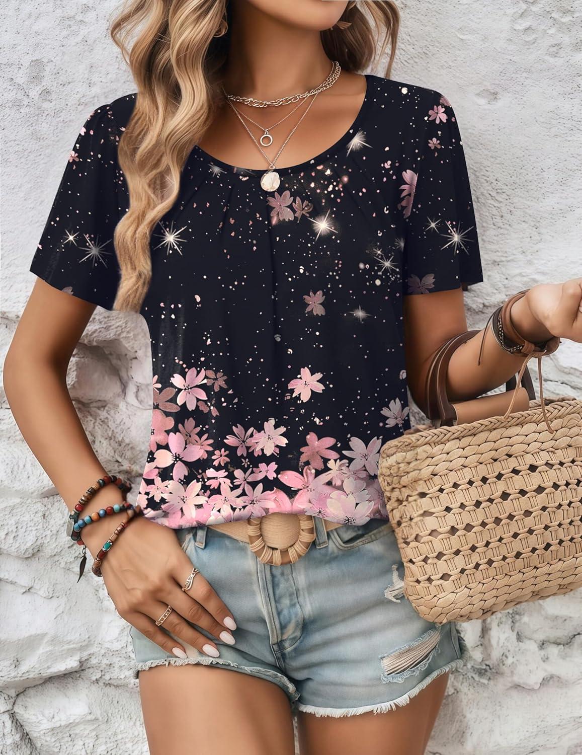 imageZeagoo Womens Summer Tunic Tops Short Sleeve Floral Boho Casual T Shirts Pleated Crewneck Flowy Relax Fit Soft BlousesBlack Pink Floral