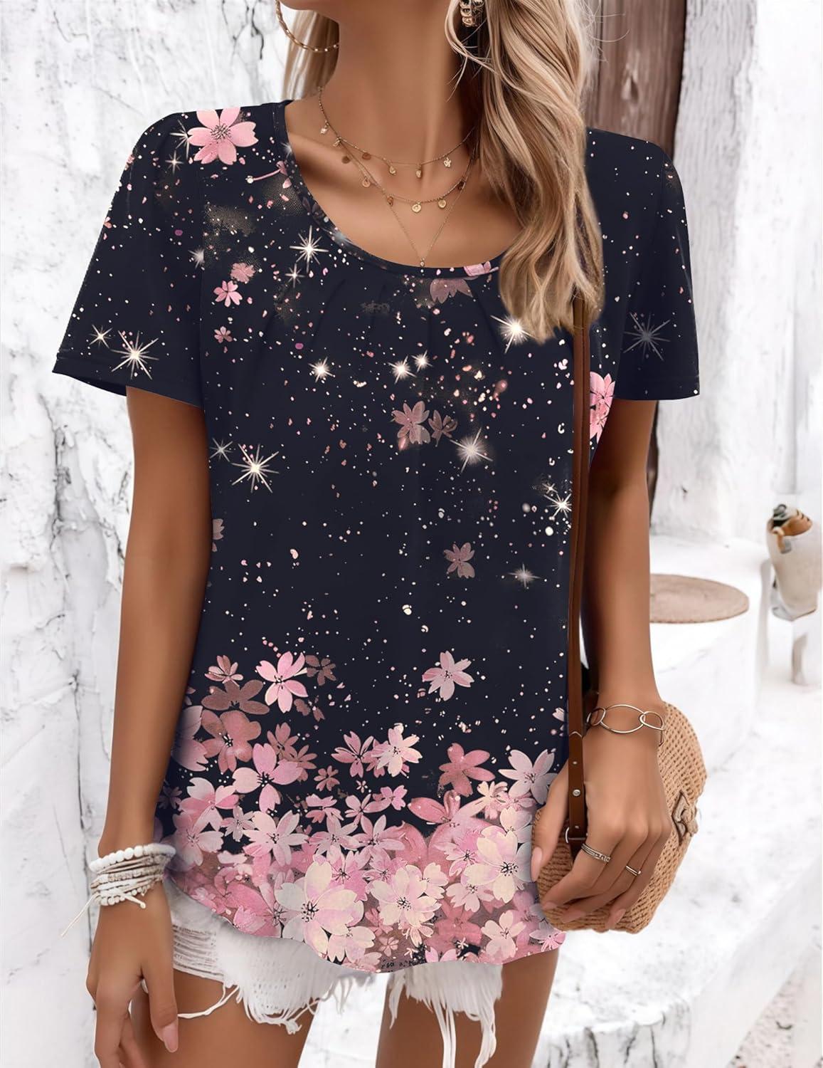 imageZeagoo Womens Summer Tunic Tops Short Sleeve Floral Boho Casual T Shirts Pleated Crewneck Flowy Relax Fit Soft BlousesBlack Pink Floral