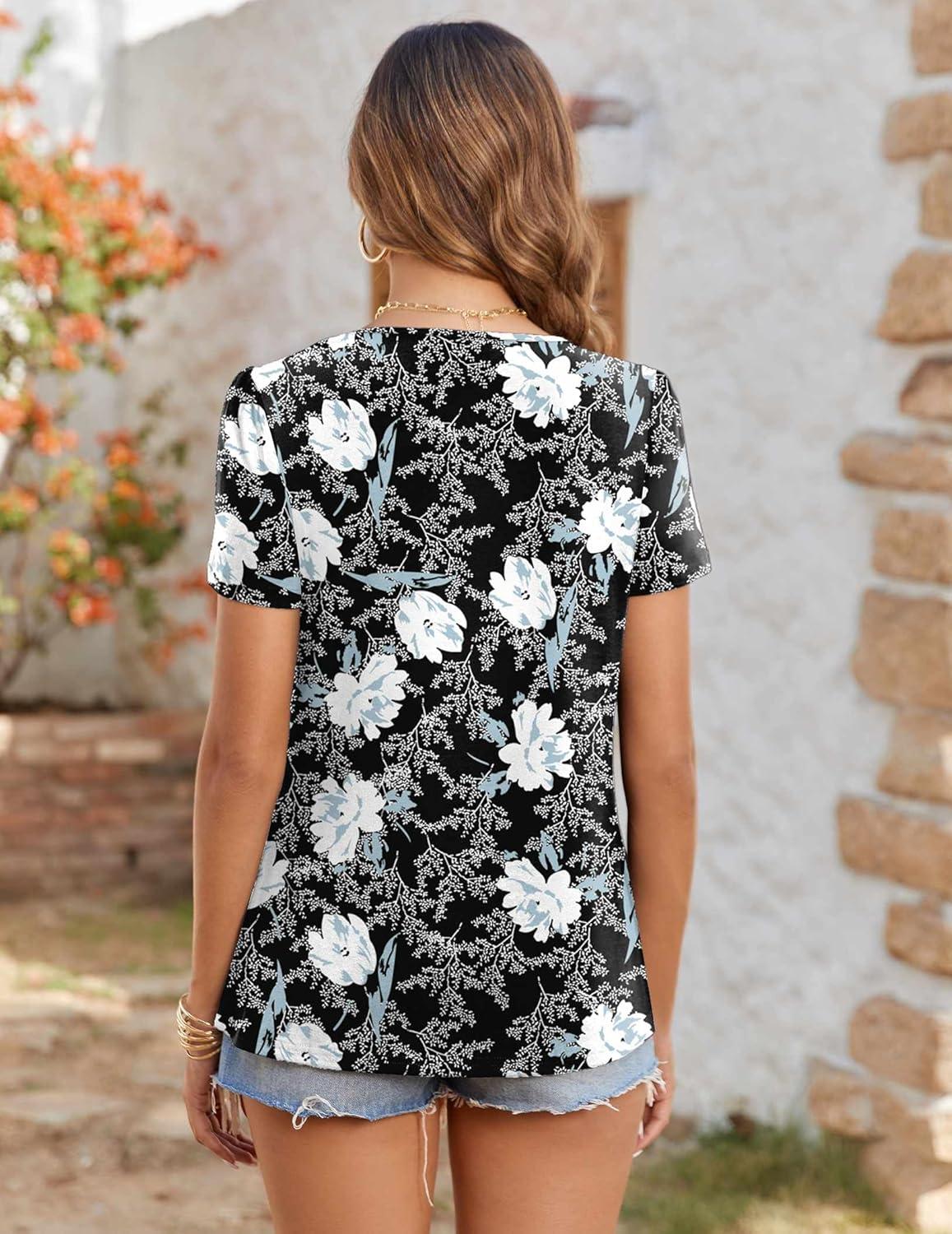 imageZeagoo Womens Summer Tunic Tops Short Sleeve Floral Boho Casual T Shirts Pleated Crewneck Flowy Relax Fit Soft BlousesBlack White Floral