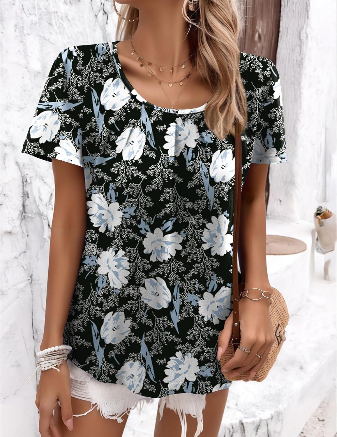imageZeagoo Womens Summer Tunic Tops Short Sleeve Floral Boho Casual T Shirts Pleated Crewneck Flowy Relax Fit Soft BlousesBlack White Floral