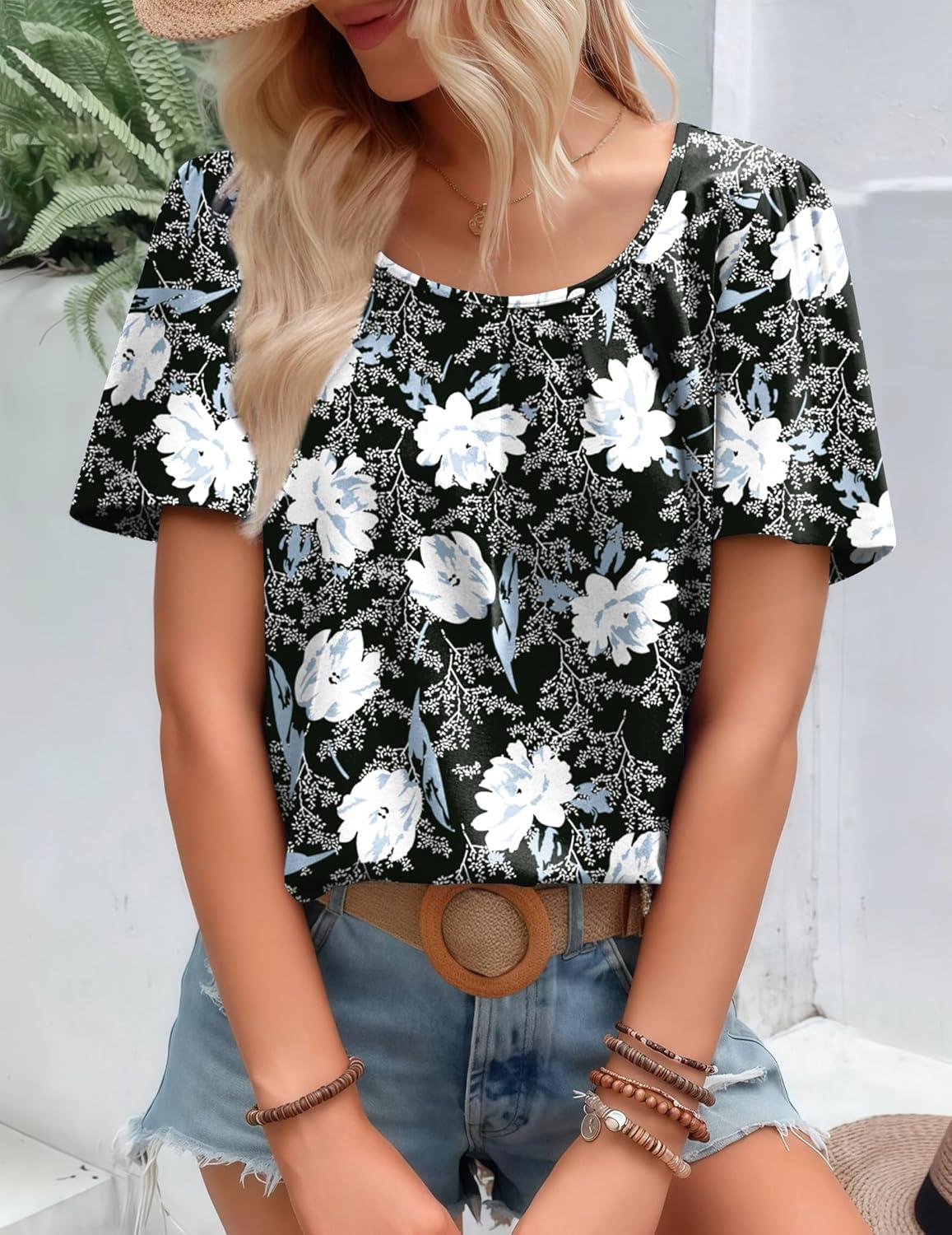 imageZeagoo Womens Summer Tunic Tops Short Sleeve Floral Boho Casual T Shirts Pleated Crewneck Flowy Relax Fit Soft BlousesBlack White Floral