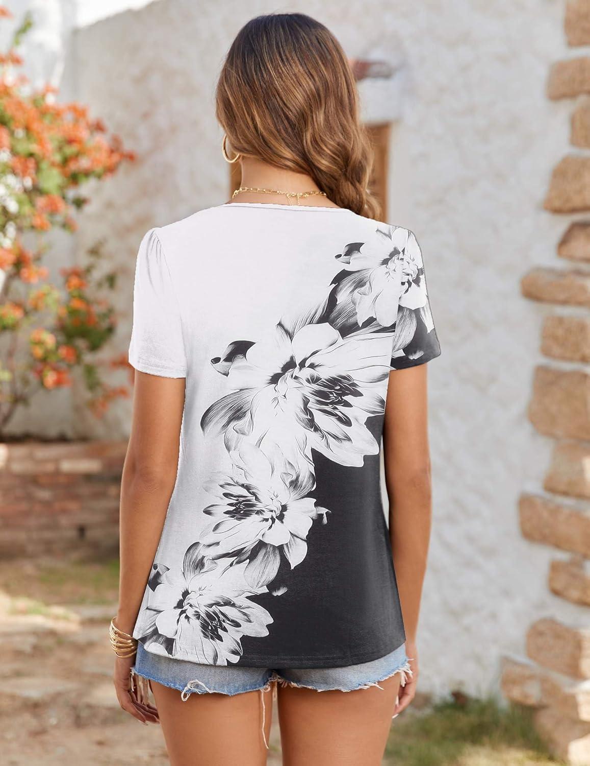 imageZeagoo Womens Summer Tunic Tops Short Sleeve Floral Boho Casual T Shirts Pleated Crewneck Flowy Relax Fit Soft BlousesBlack White Flower