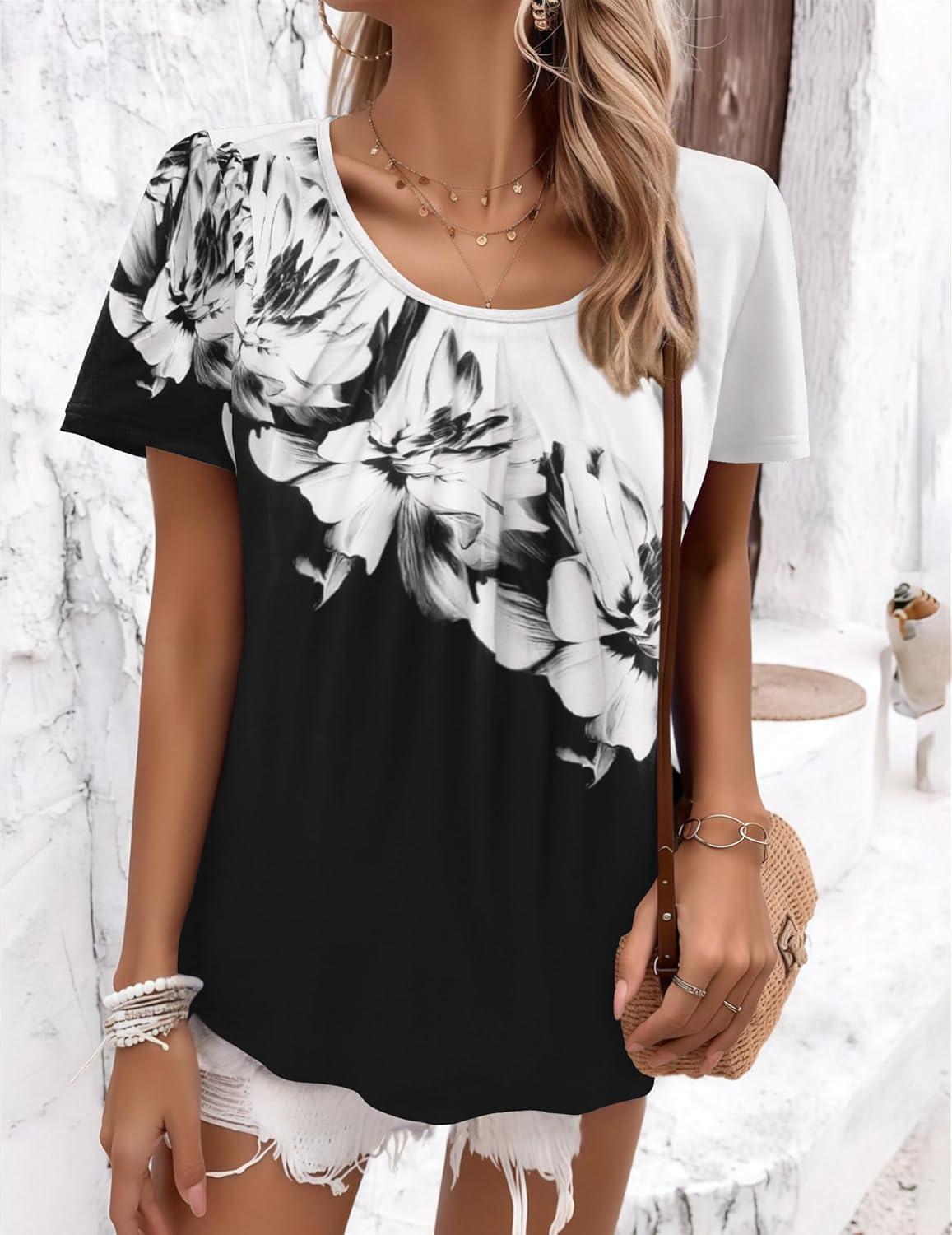 imageZeagoo Womens Summer Tunic Tops Short Sleeve Floral Boho Casual T Shirts Pleated Crewneck Flowy Relax Fit Soft BlousesBlack White Flower