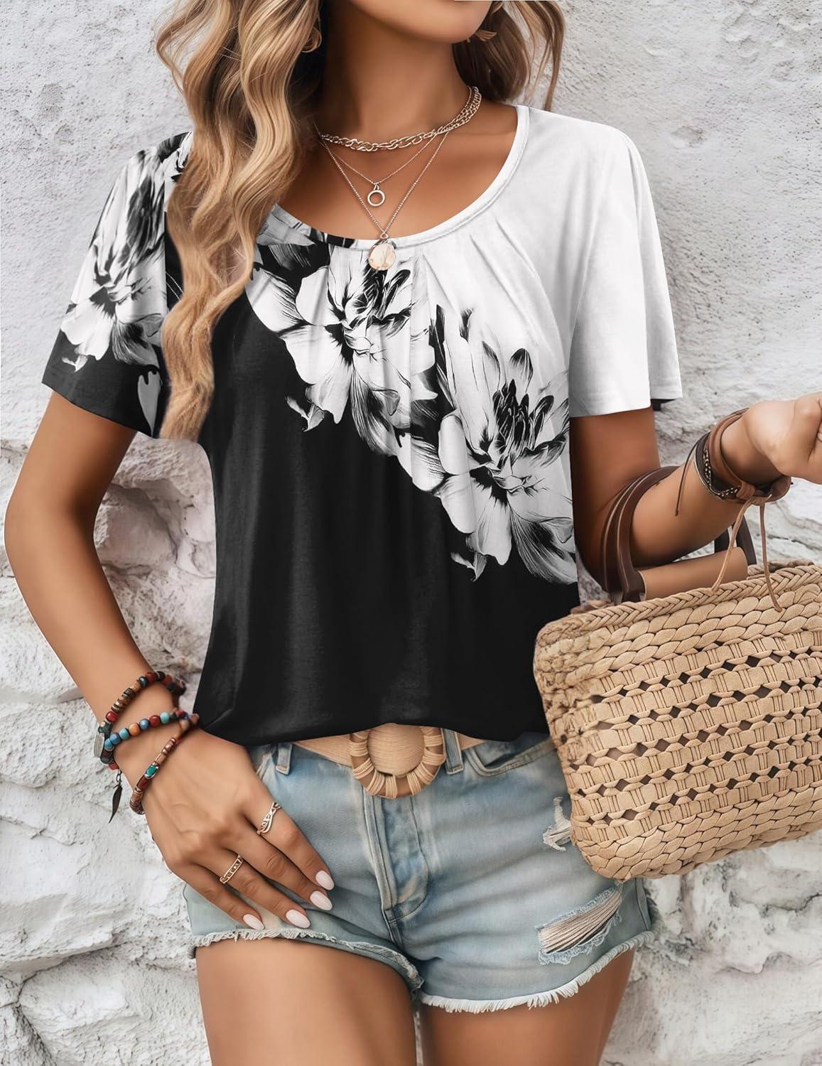 imageZeagoo Womens Summer Tunic Tops Short Sleeve Floral Boho Casual T Shirts Pleated Crewneck Flowy Relax Fit Soft BlousesBlack White Flower