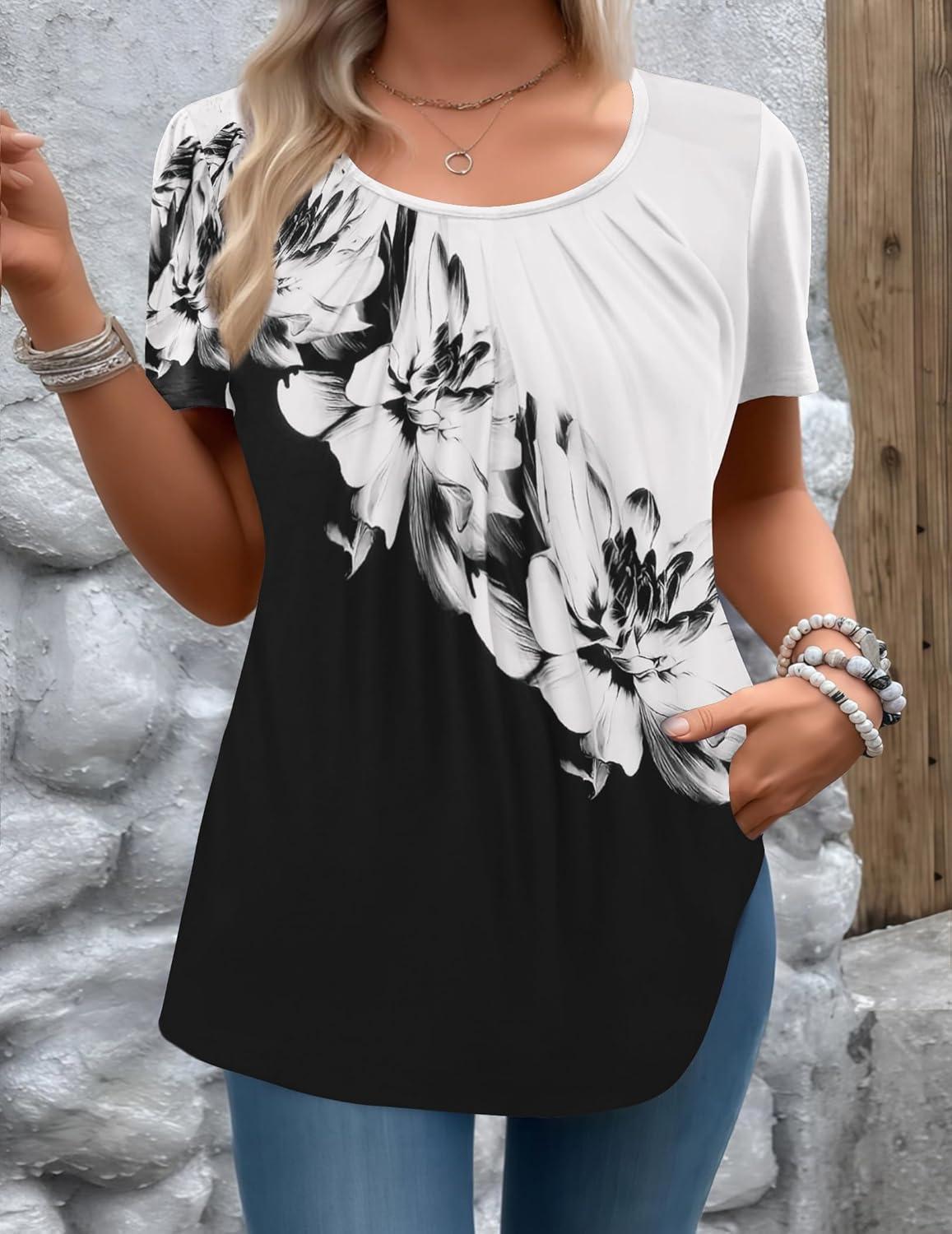 imageZeagoo Womens Summer Tunic Tops Short Sleeve Floral Boho Casual T Shirts Pleated Crewneck Flowy Relax Fit Soft BlousesBlack White Flower