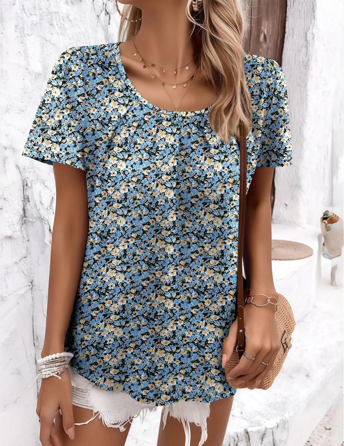 imageZeagoo Womens Summer Tunic Tops Short Sleeve Floral Boho Casual T Shirts Pleated Crewneck Flowy Relax Fit Soft BlousesBlue Floral