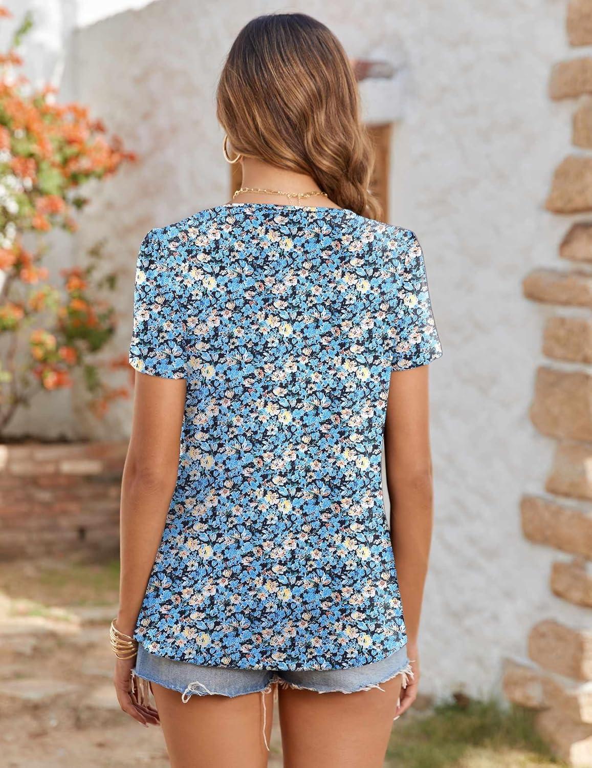 imageZeagoo Womens Summer Tunic Tops Short Sleeve Floral Boho Casual T Shirts Pleated Crewneck Flowy Relax Fit Soft BlousesBlue Floral