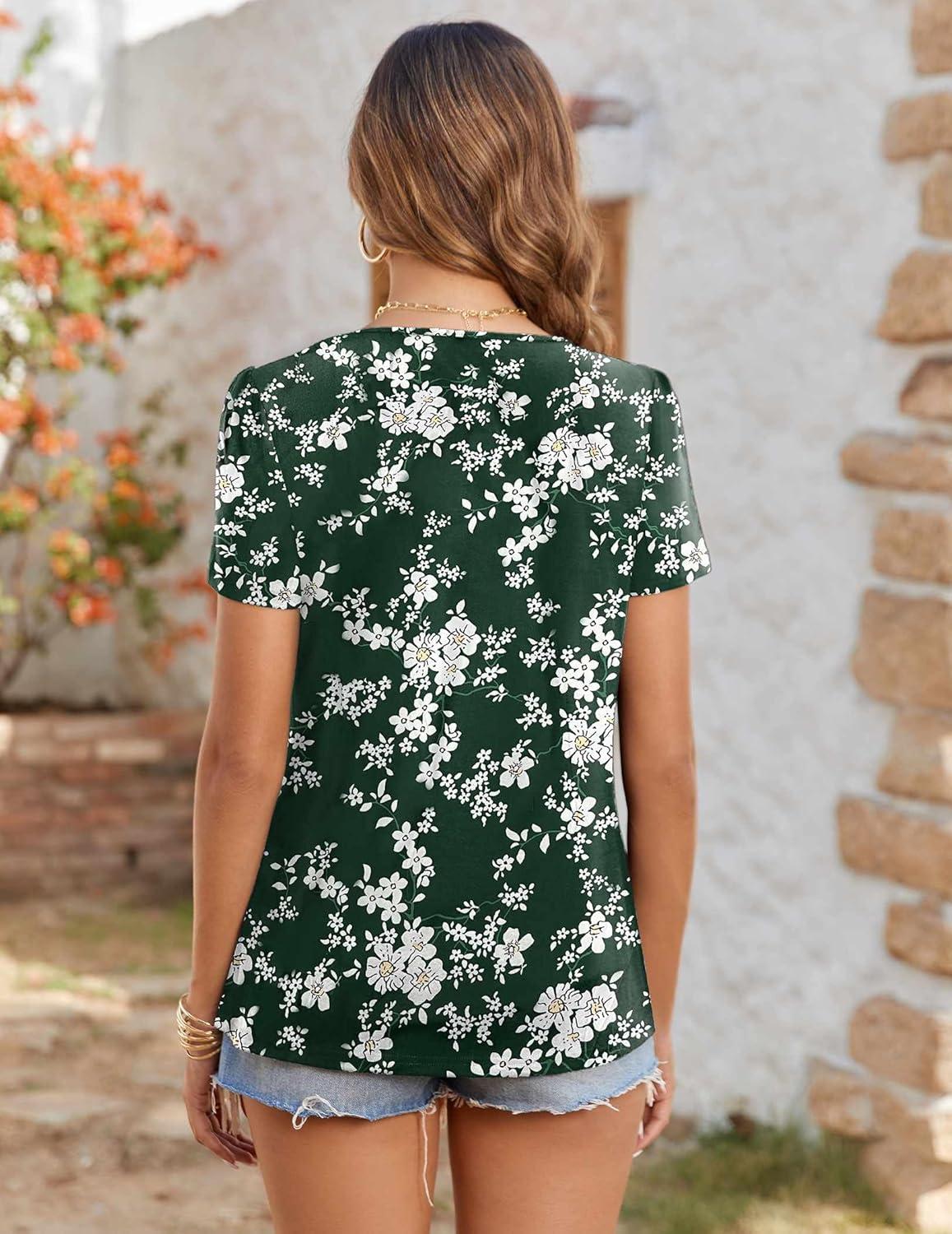 imageZeagoo Womens Summer Tunic Tops Short Sleeve Floral Boho Casual T Shirts Pleated Crewneck Flowy Relax Fit Soft BlousesGreen Floral