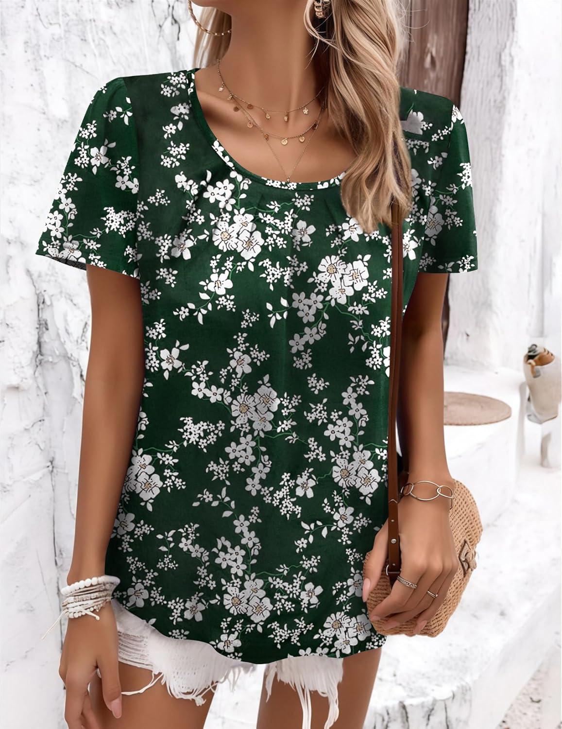 imageZeagoo Womens Summer Tunic Tops Short Sleeve Floral Boho Casual T Shirts Pleated Crewneck Flowy Relax Fit Soft BlousesGreen Floral