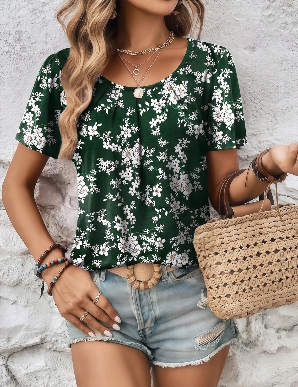 imageZeagoo Womens Summer Tunic Tops Short Sleeve Floral Boho Casual T Shirts Pleated Crewneck Flowy Relax Fit Soft BlousesGreen Floral