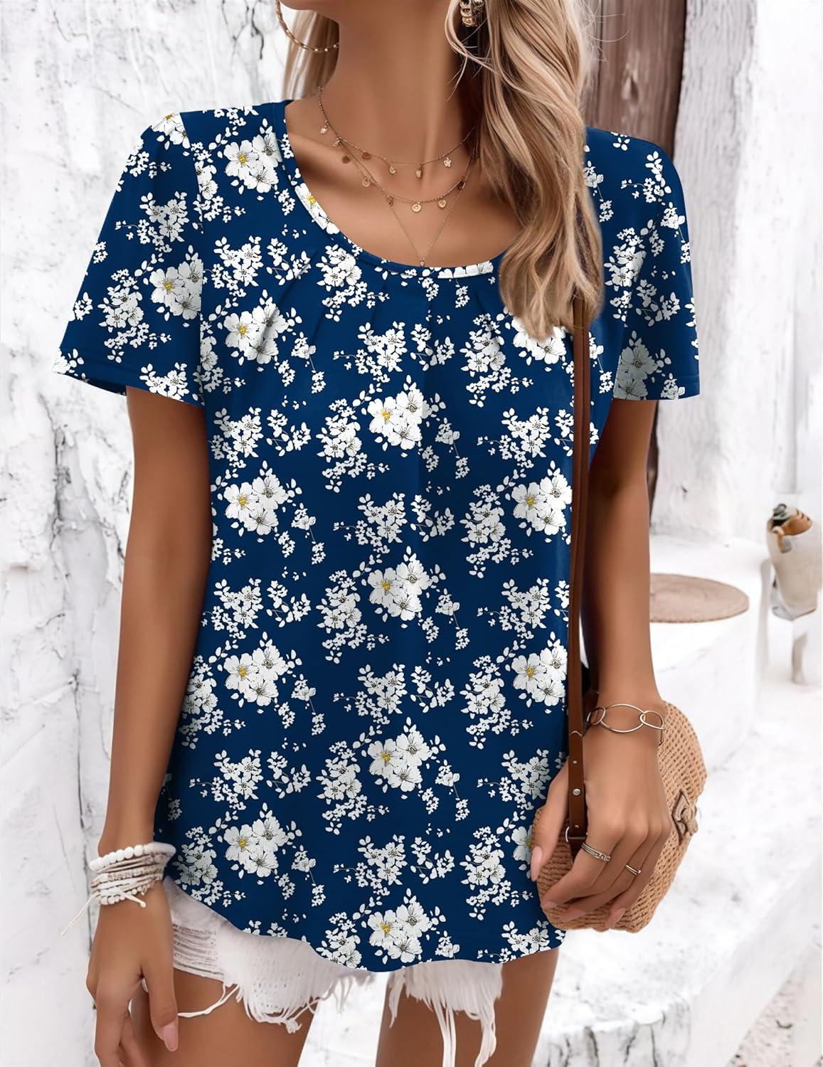 imageZeagoo Womens Summer Tunic Tops Short Sleeve Floral Boho Casual T Shirts Pleated Crewneck Flowy Relax Fit Soft BlousesNavy Floral