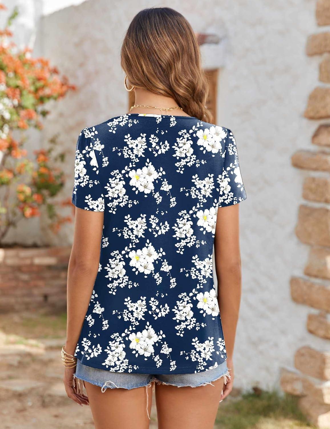 imageZeagoo Womens Summer Tunic Tops Short Sleeve Floral Boho Casual T Shirts Pleated Crewneck Flowy Relax Fit Soft BlousesNavy Floral