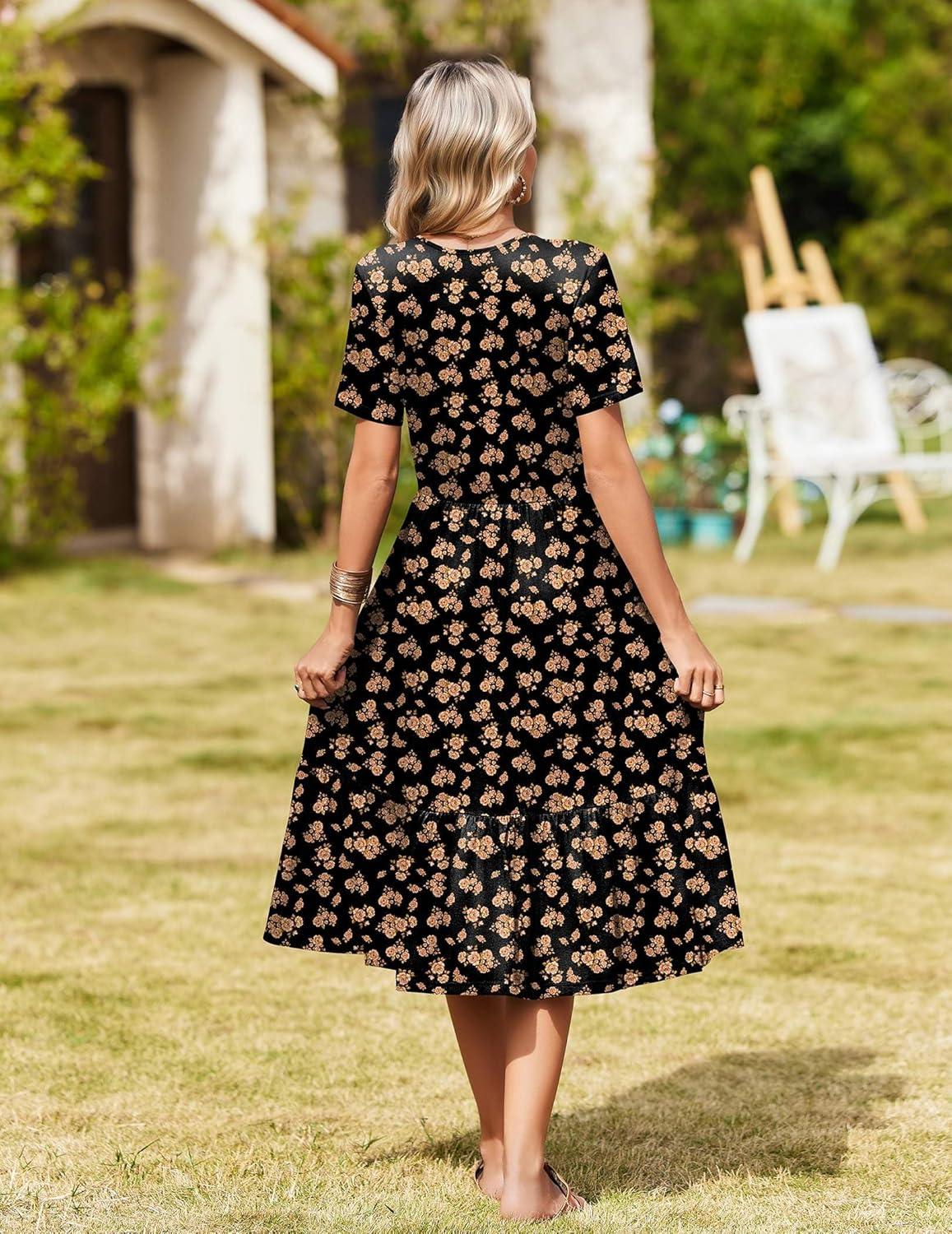 imageZeagoo Womens Summer Warp VNeck Casual Dresses Short Sleeve Midi Floral Dress with Pockets Tiered Flowy A Line SundressBlack Orange Floral
