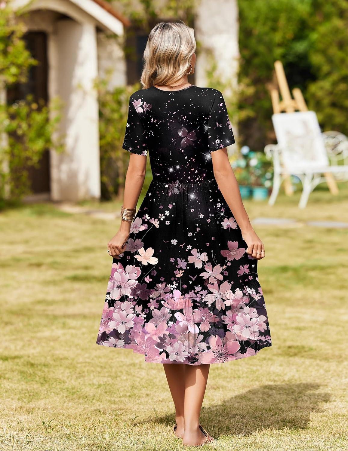 imageZeagoo Womens Summer Warp VNeck Casual Dresses Short Sleeve Midi Floral Dress with Pockets Tiered Flowy A Line SundressBlack Pink Floral