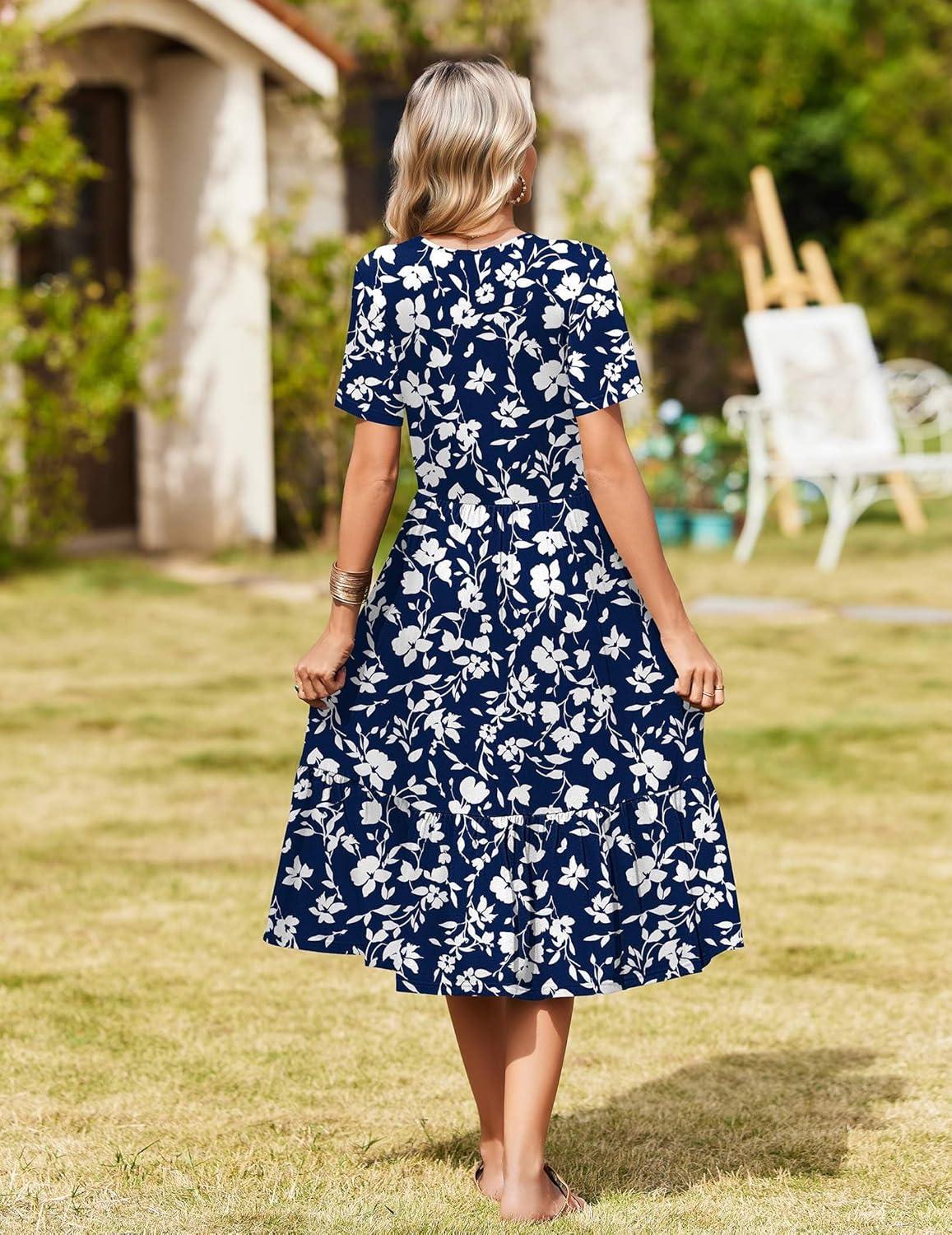 imageZeagoo Womens Summer Warp VNeck Casual Dresses Short Sleeve Midi Floral Dress with Pockets Tiered Flowy A Line SundressBlue White Floral